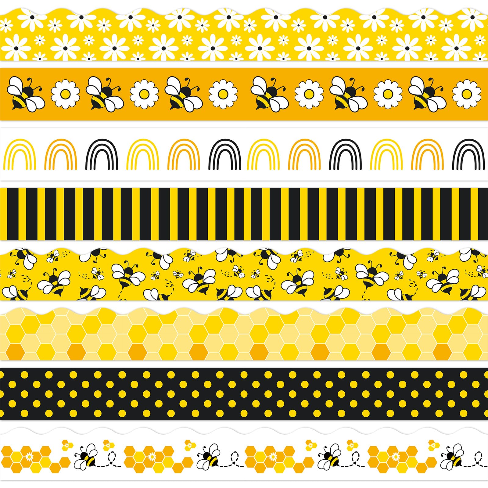 FYSUIMU 82Ft Summer Bee Bulletin Board Border Yellow Black White Bee Honeycomb Daisy Rainbow Self-Adhesive Trim Border for Chalkboard Wall Decoration