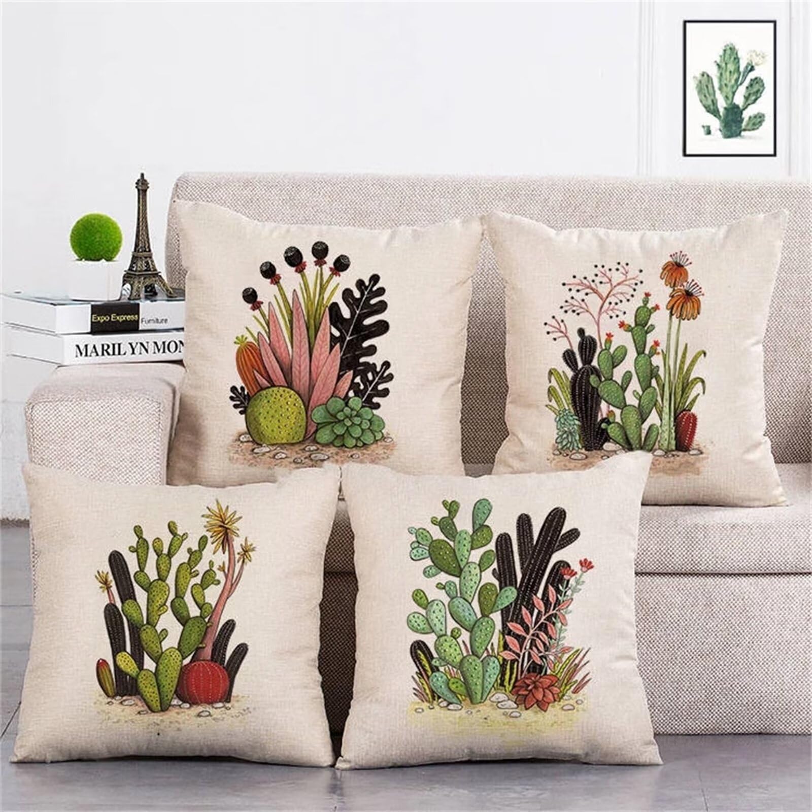 Juego de 4 Impermeable Funda de Cojín Cactus Vegetal,55x55cm Moderno Suave Transpirables Lino Fundas de Almohada Cojines Decorativos con Cremallera Oculta para Exterior Sofá Cama Coche Hogar
