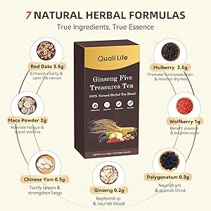 Ginseng Five Treasures Tea Kidney Tea, Chinese Herbal Tea, Natural Kidney Cleanse & Detox with Ginseng, Red Date, Mulberry, Maca, Wolfberry, Yam, Polygonatum for Men (15 Bags)