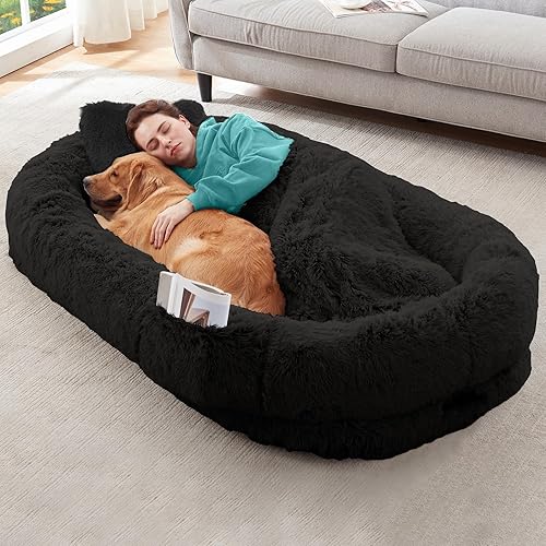 YAEM Black Human Dog Bed for Adult, Kids and Pets - 71"x45"x12" Dogs Beds for Humans with Washable Faux Fur Cover, Plump Pillow, Blanket, Orthopedic Design & Strap