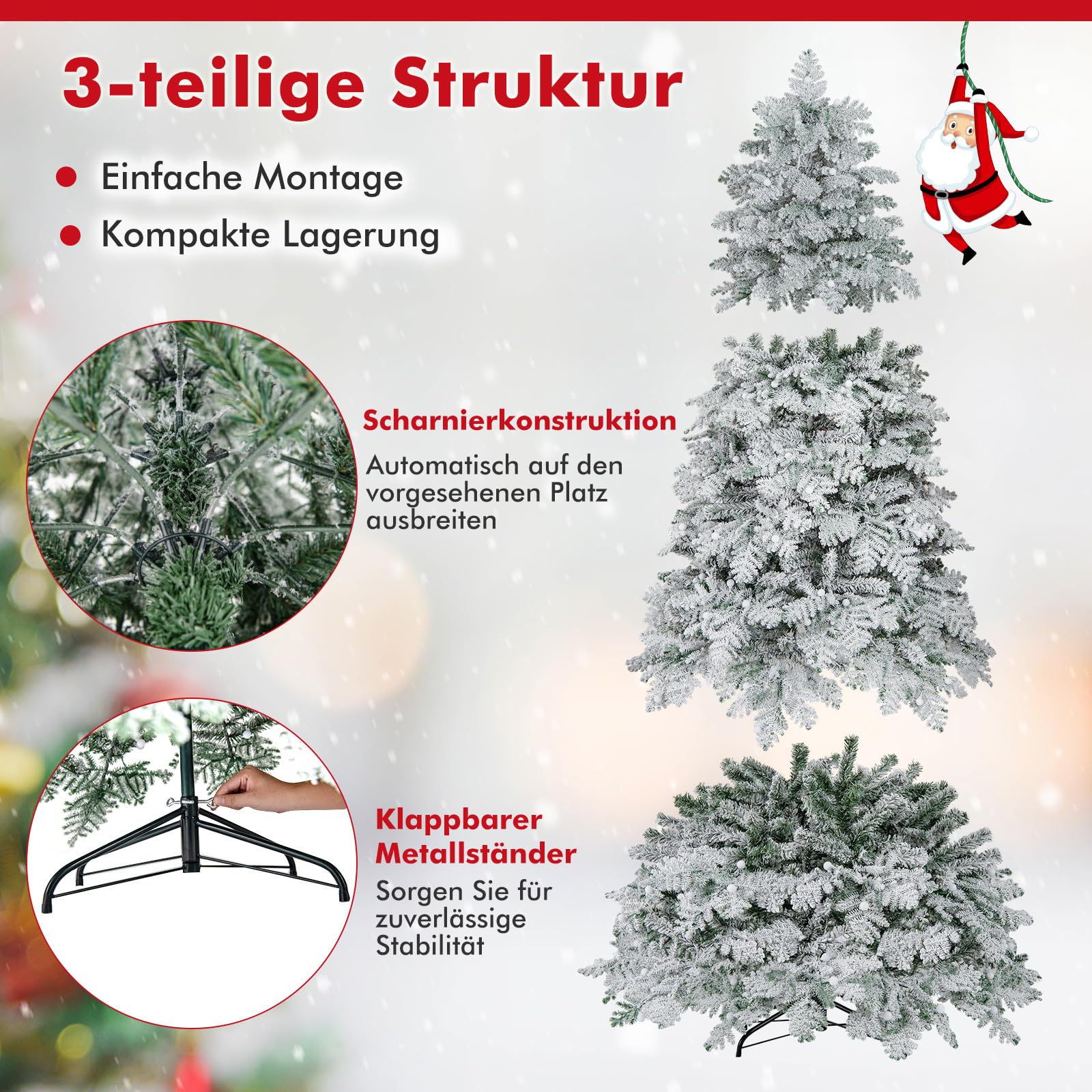 COSTWAY 210 cm Künstlicher Weihnachtsbaum mit Beleuchtung und Schnee, Tannenbaum mit 160 funkelnden Kugeln, warmweißen LED-Lichtern, 8 Lichtmodi & Metallständer, Christbaum, Kunstbaum Weihnachten