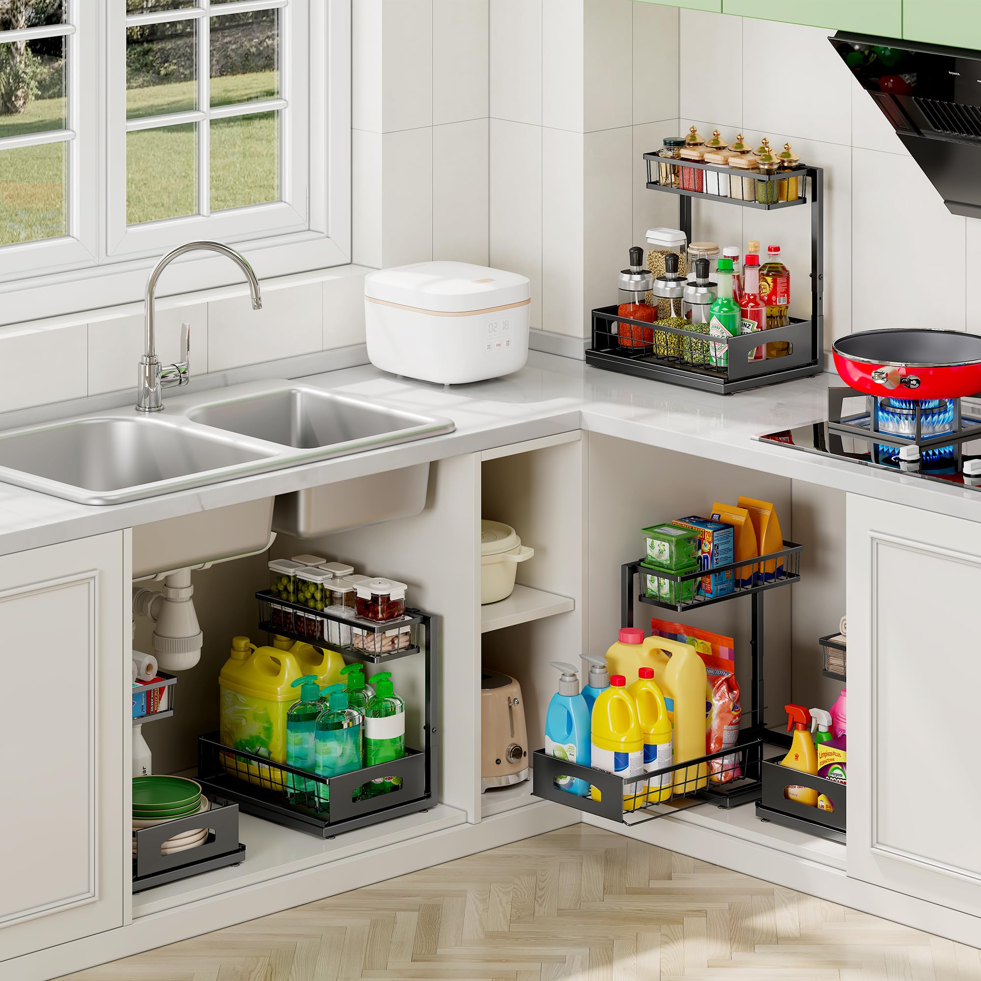 Organizer da cucina sotto il lavandino, confezione da 2 organizer scorrevoli per armadio da cucina, ripiani estraibili per lavello da bagno, organizer per cucina, bagno, dispensa, nero, USO1-5