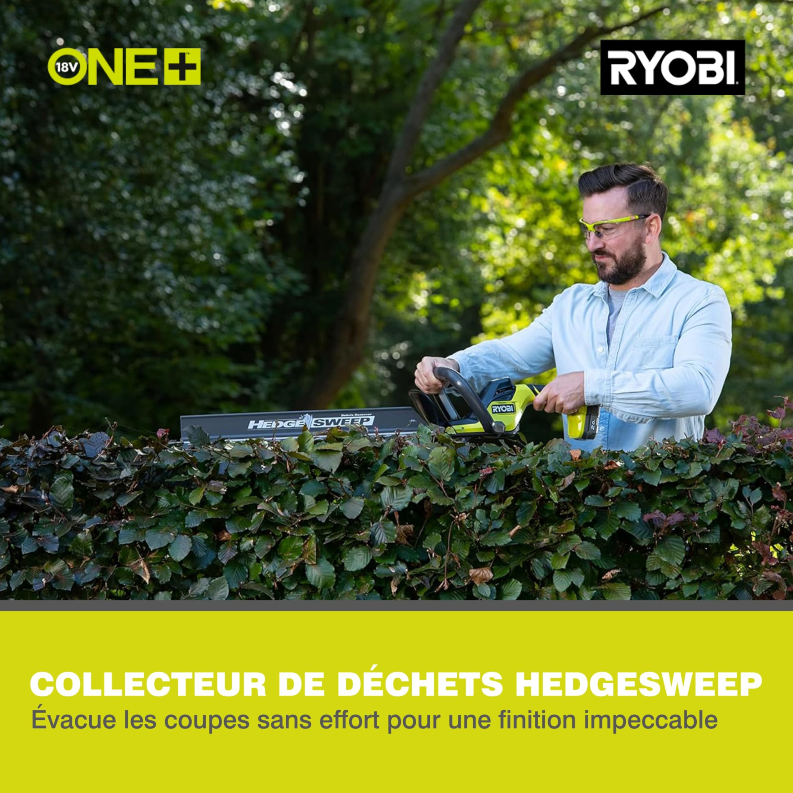 RYOBI - Cortasetos 18V One+ con Batería 18V One+ 2,0 Ah y Cargador 1,5A - Espada 55cm, Capacidad máx. 24mm, Velocidad 2700 RPM - Recogedor de Residuos HedgeSweep, Funda Protectora - RY18HT55A-120