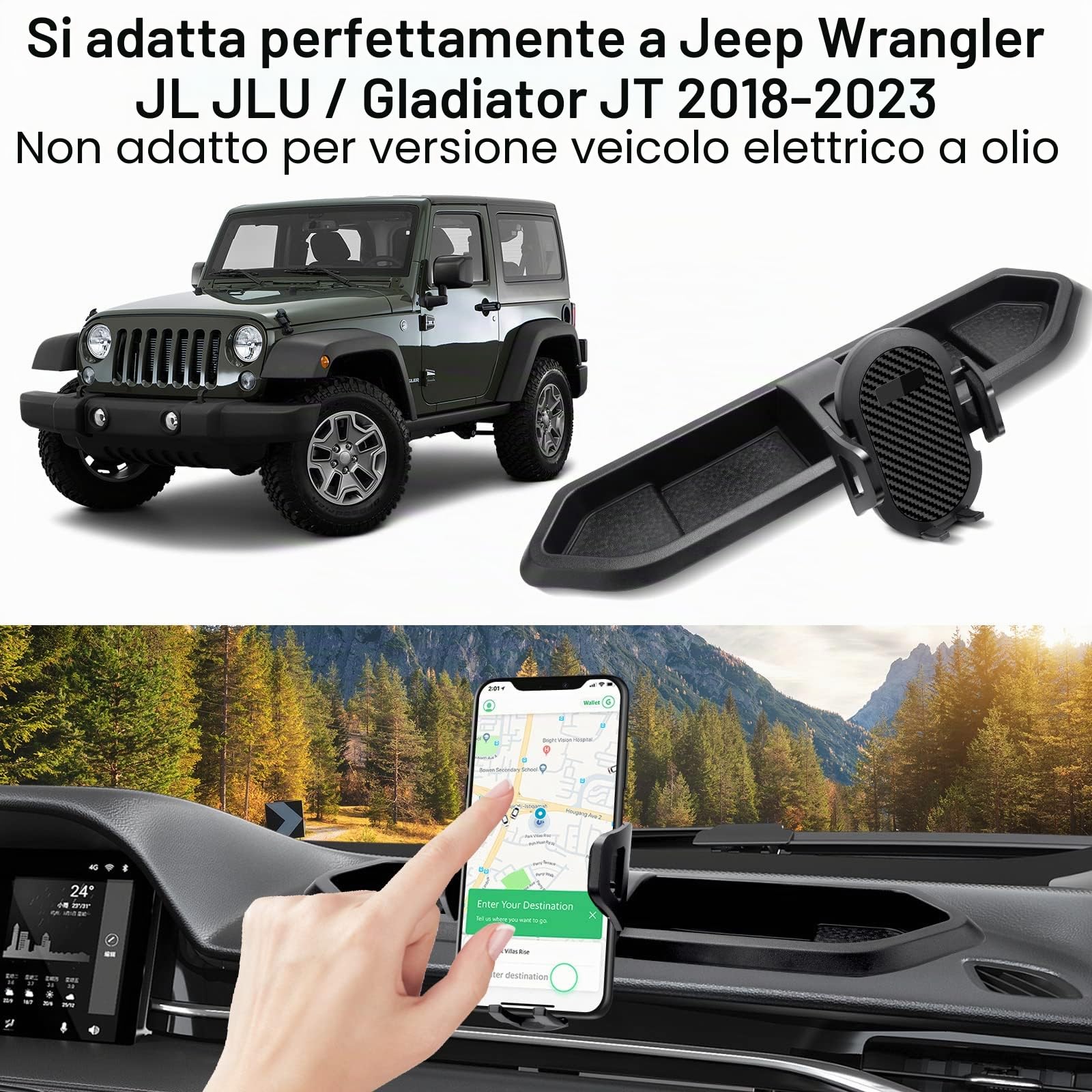 Supporto per telefono per Jeep Wrangler JL JLU & Gladiator JT, kit di sistema di supporto per telefono, multi-supporto, per cruscotto, con braccio di estensione, asta in metallo, non per modelli a