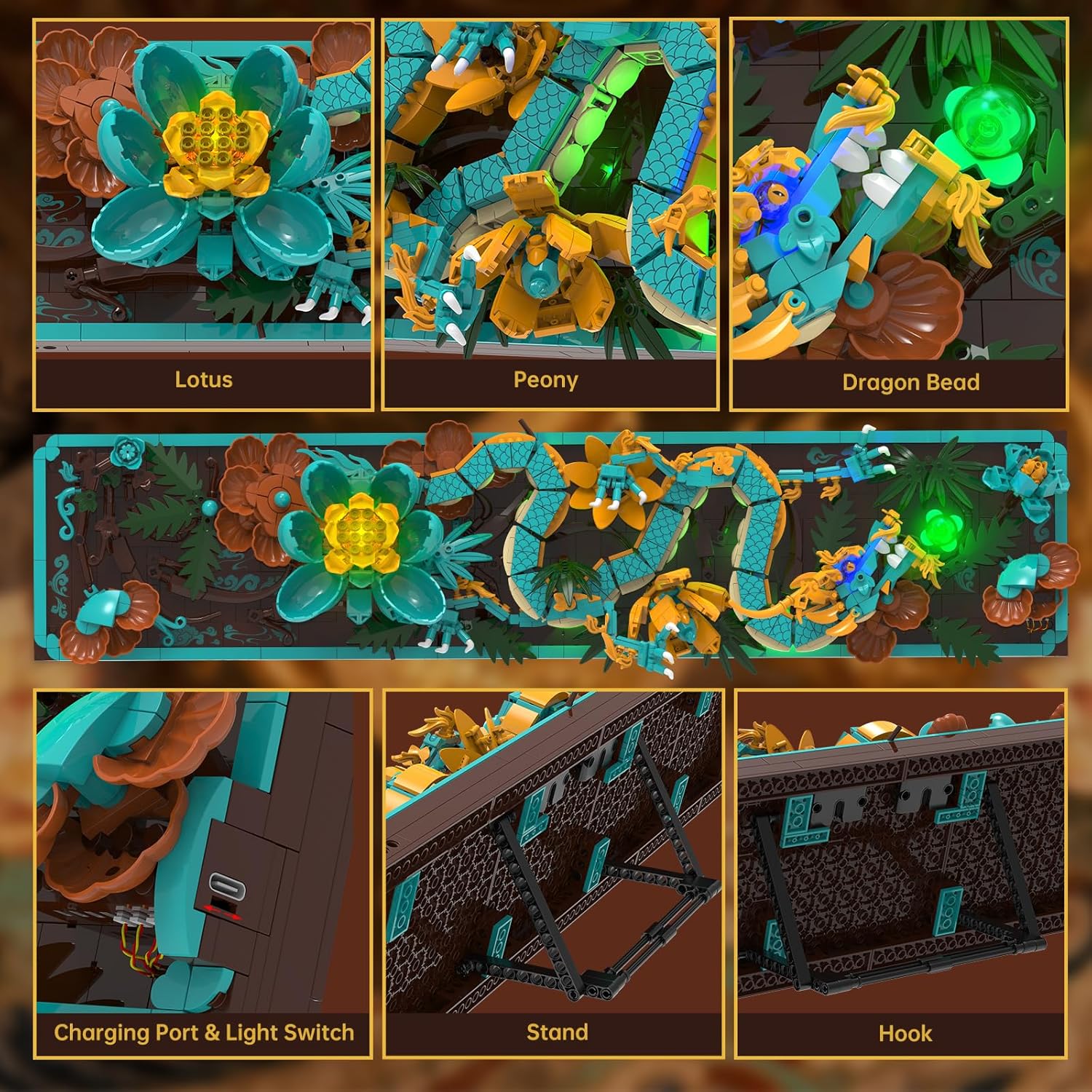 Mythic Dragon Tiles Building Blocks Set with LED Lights, Divine Loong 3D Wall Art Building Toys 170019 with Flowers, 1676 Pcs Dragon Relief DIY Model Kit for Adult, Creative Gifts & Decor