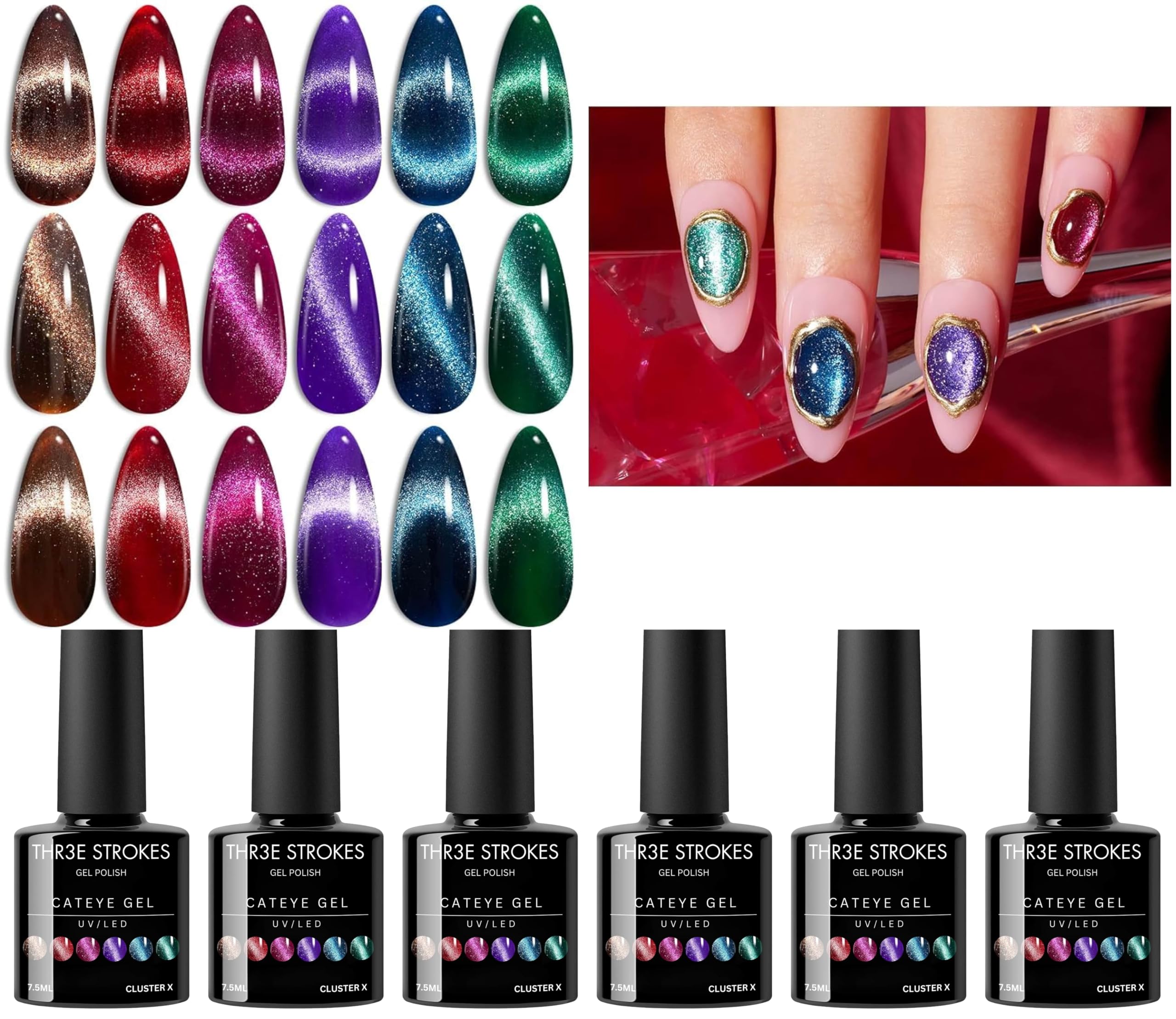 THR3E STROKES Cat Eye Gel Nail Polish Set, 6 Colors, Magnetic Effect, Glitter Red, Shiny Brown, Burgundy, Purple, Blue, Green, 7.5ML (Cluster X)