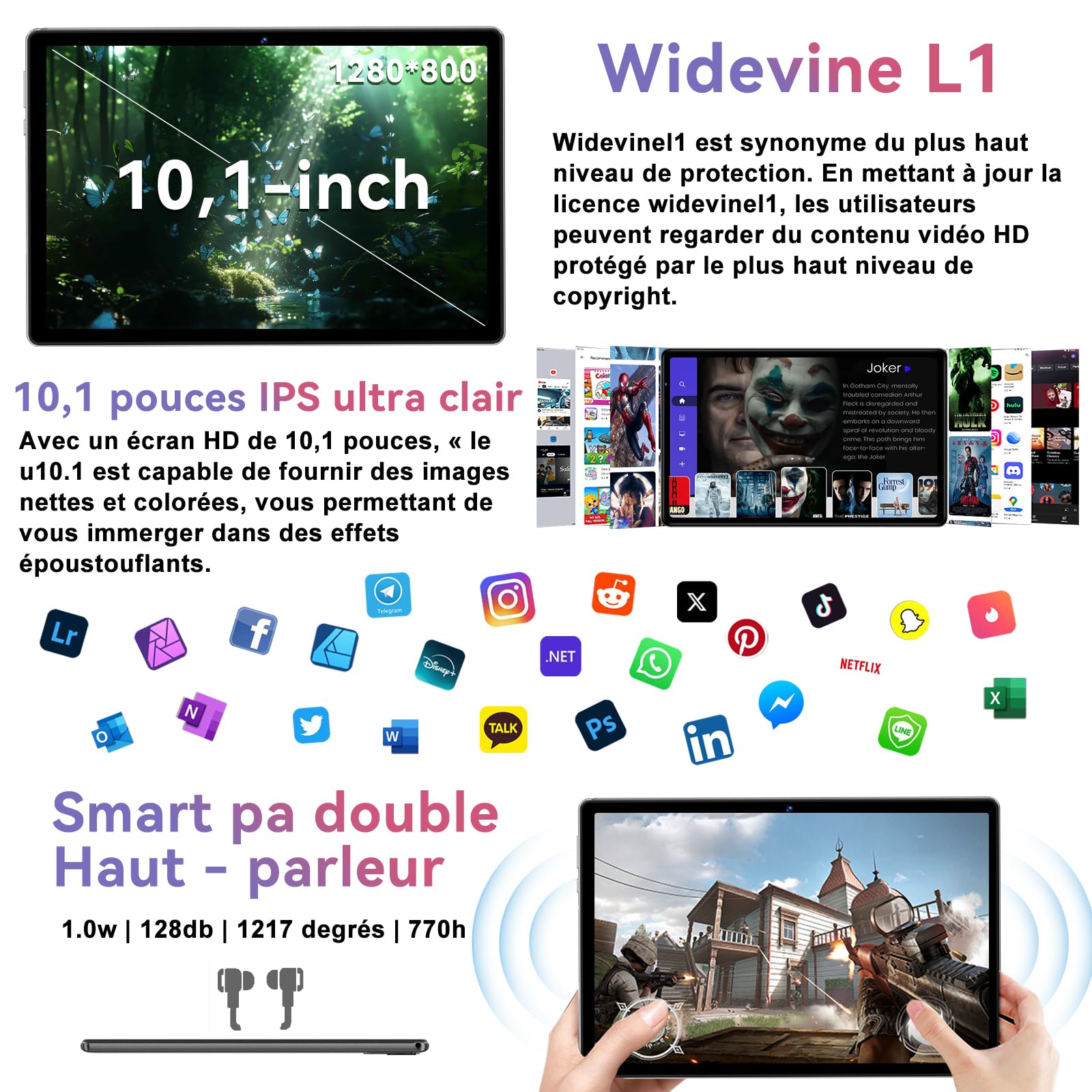 Tablette Android 15 Gemini AI 10 pouces,30GO+64GO,6000mAh,Widevine L1,Noir