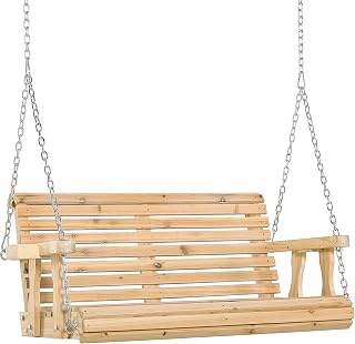 Outsunny 2 Seater Porch Swing Wooden Patio Swing Chair Seat with Cup Holder and Chains Outdoor Swing Bench for Garden Yard, Natural