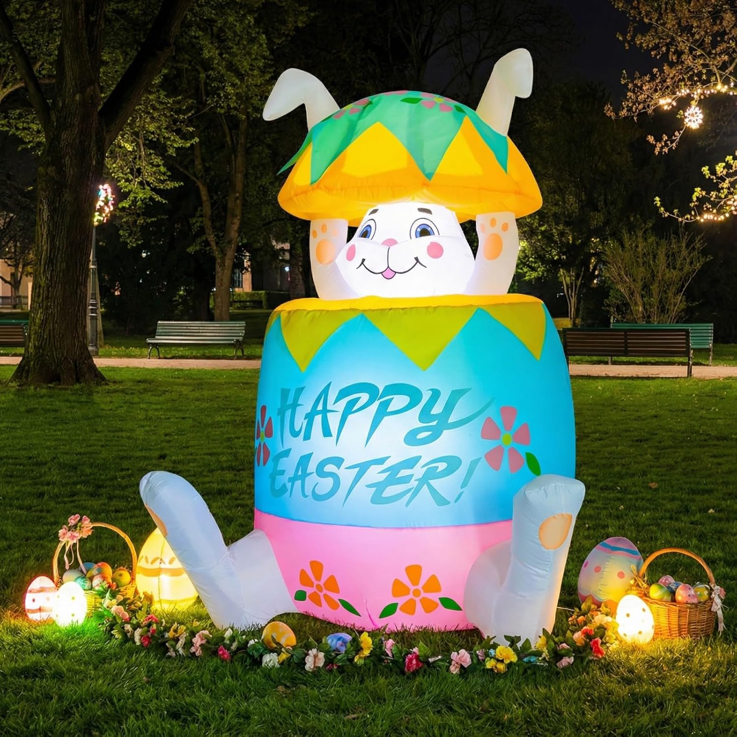 WINTS [Pop Up and Down] Easter Bunny Inflatables Outdoor Decoration,5Ft Colorful Inflate Bunny in Easter Egg,Blow Up Rabbit Decoration Built-in LED Lights for Yard Party Lawn Spring
