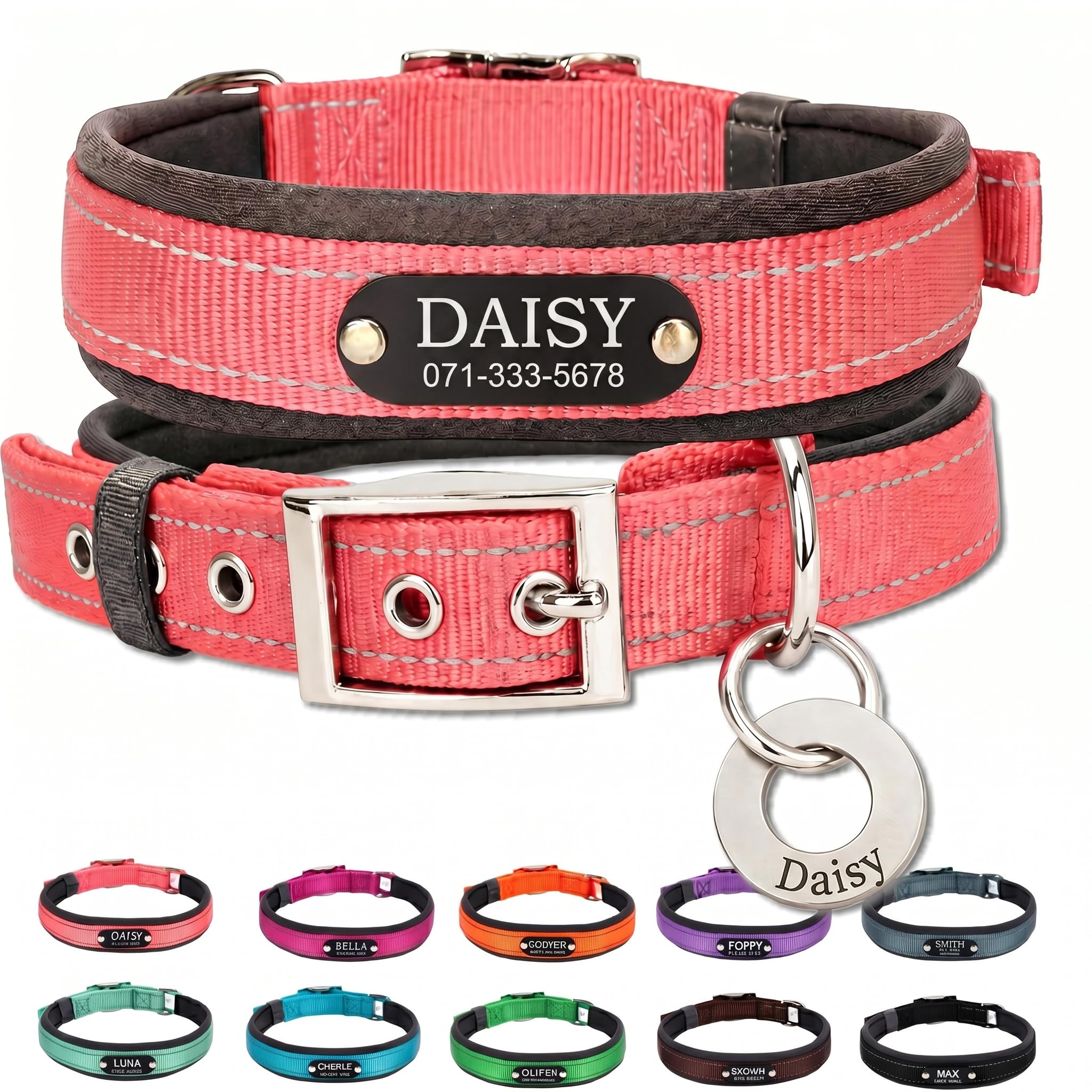 Personalised Nylon Dog Collar with Deep Engraved Name Plate - Reflective Collar UK Dispatched with Custom ID Tag Padded Anti-Chafe Design Name & Phone Number Durable Pet Collar for All Breeds — image 1