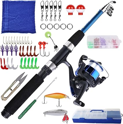 El juego de pesca Delamiya para niños incluye una caña de pescar telescópica de fibra de carbono de 1,5 m, carrete de línea de pesca y diversos accesorios. Ideal para niños de 3 a 10 años, con materiales de alta calidad y fácil de usar. Un regalo perfecto para iniciar en la pesca.