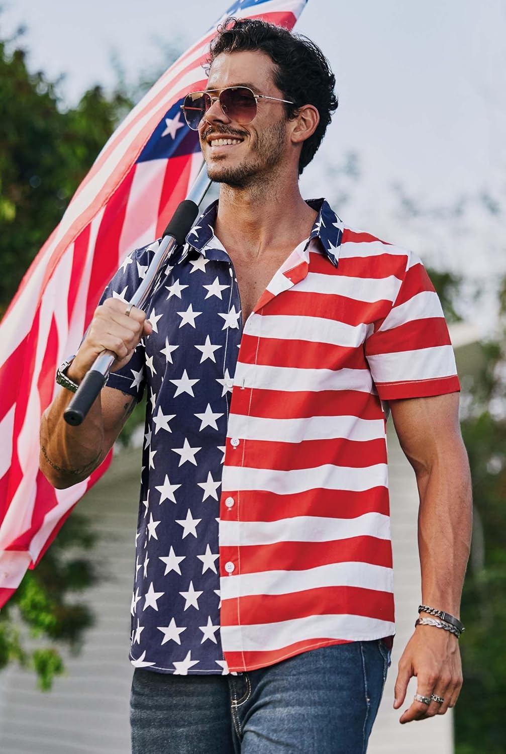 Men American Flag Button Shirt Cotton 4th of July Short Sleeve Shirts (S-3XL) - Image 4