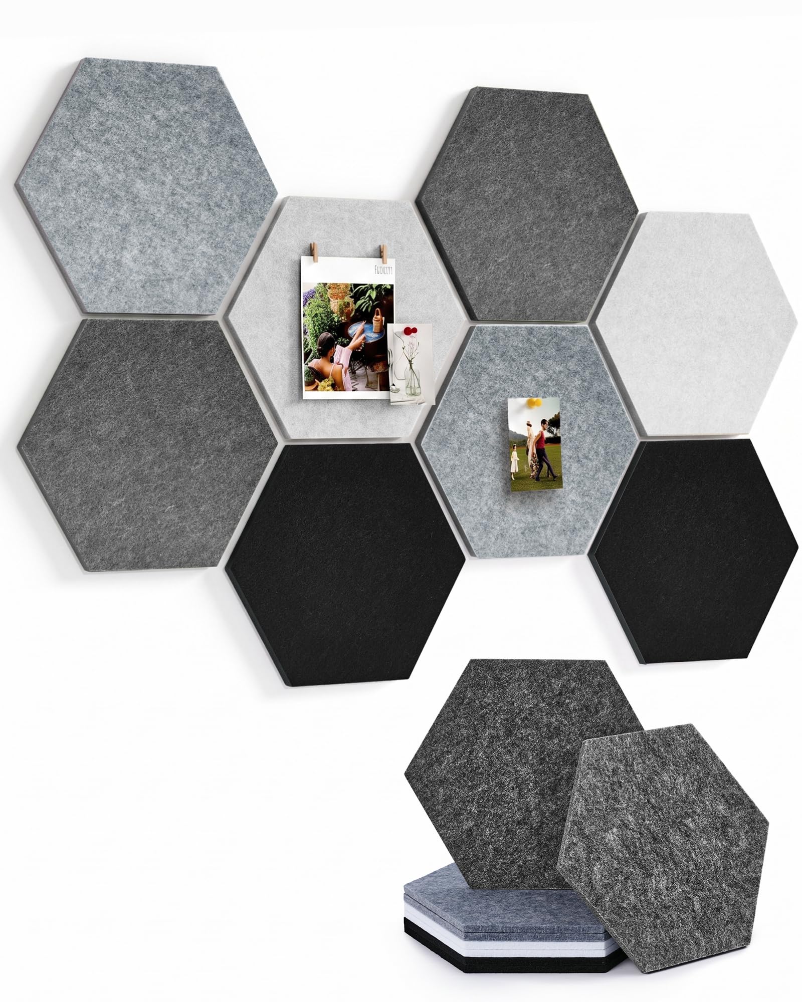 Meowoo Hexagon Cork Board Tiles 8Pack, Black & White&Gray