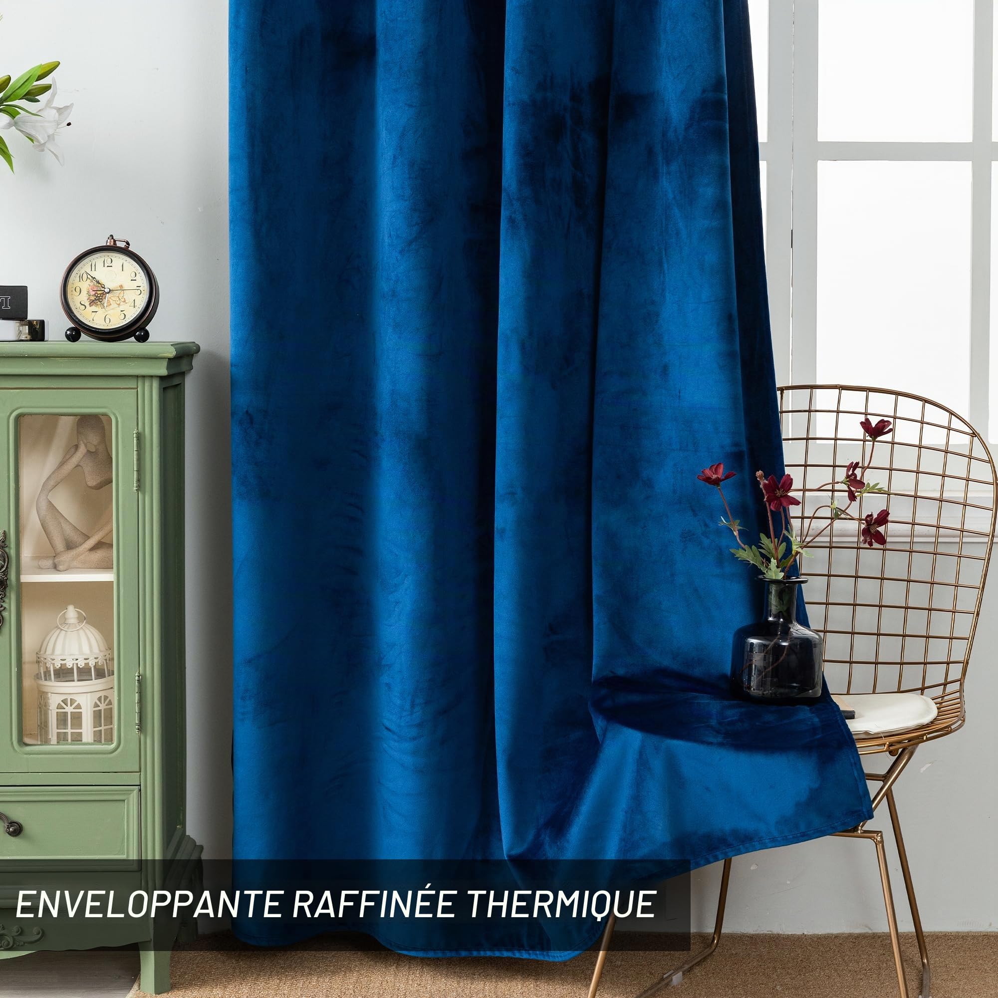 GIRASOLE HOME Paire de rideaux Adélaïde doux occultants thermiques en velours 2 panneaux de 140 x 240 cm avec œillets bleu