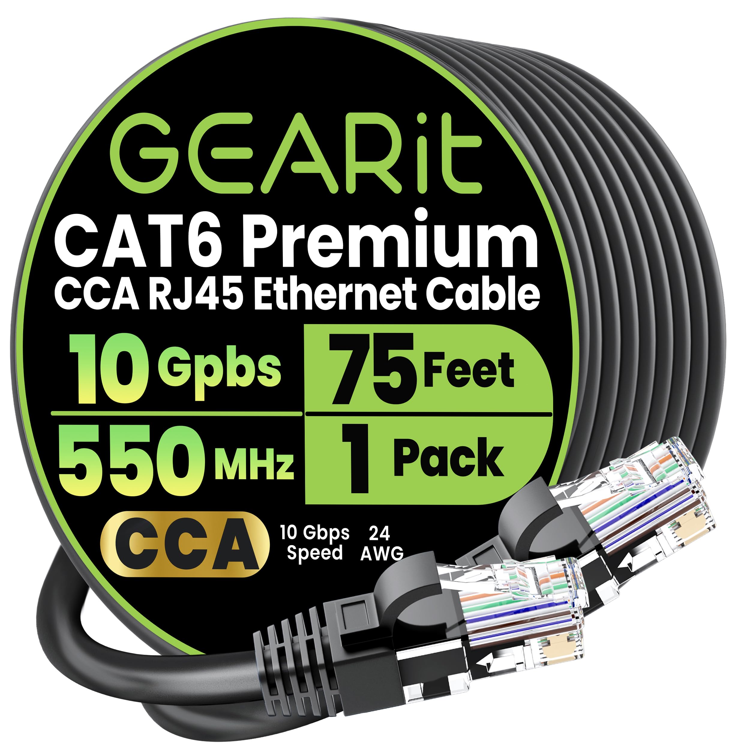 GEARit Cat 6 Ethernet Cable CCA (75 feet) LAN Network Cord, UTP, Internet, Network Cable - Supports Cat6 / Cat5e / Cat5 Network Standard - Black, 75ft