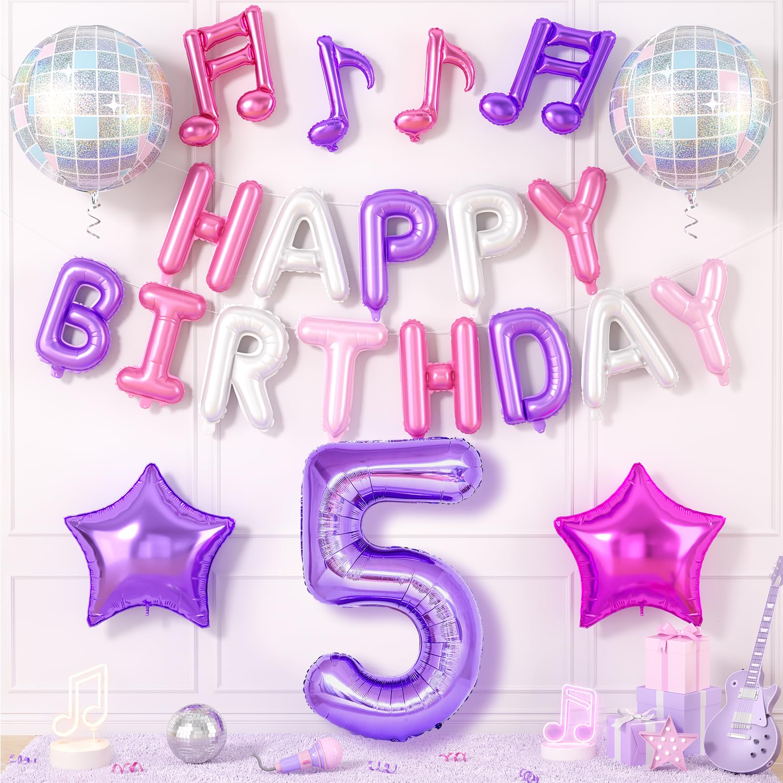 5th Pink Purple Birthday Decorations for Girls, Happy Birthday Balloon Banner Number 5 Balloon Music Note Disco Ball Star Balloons for Music Theme Birthday Party Decorations