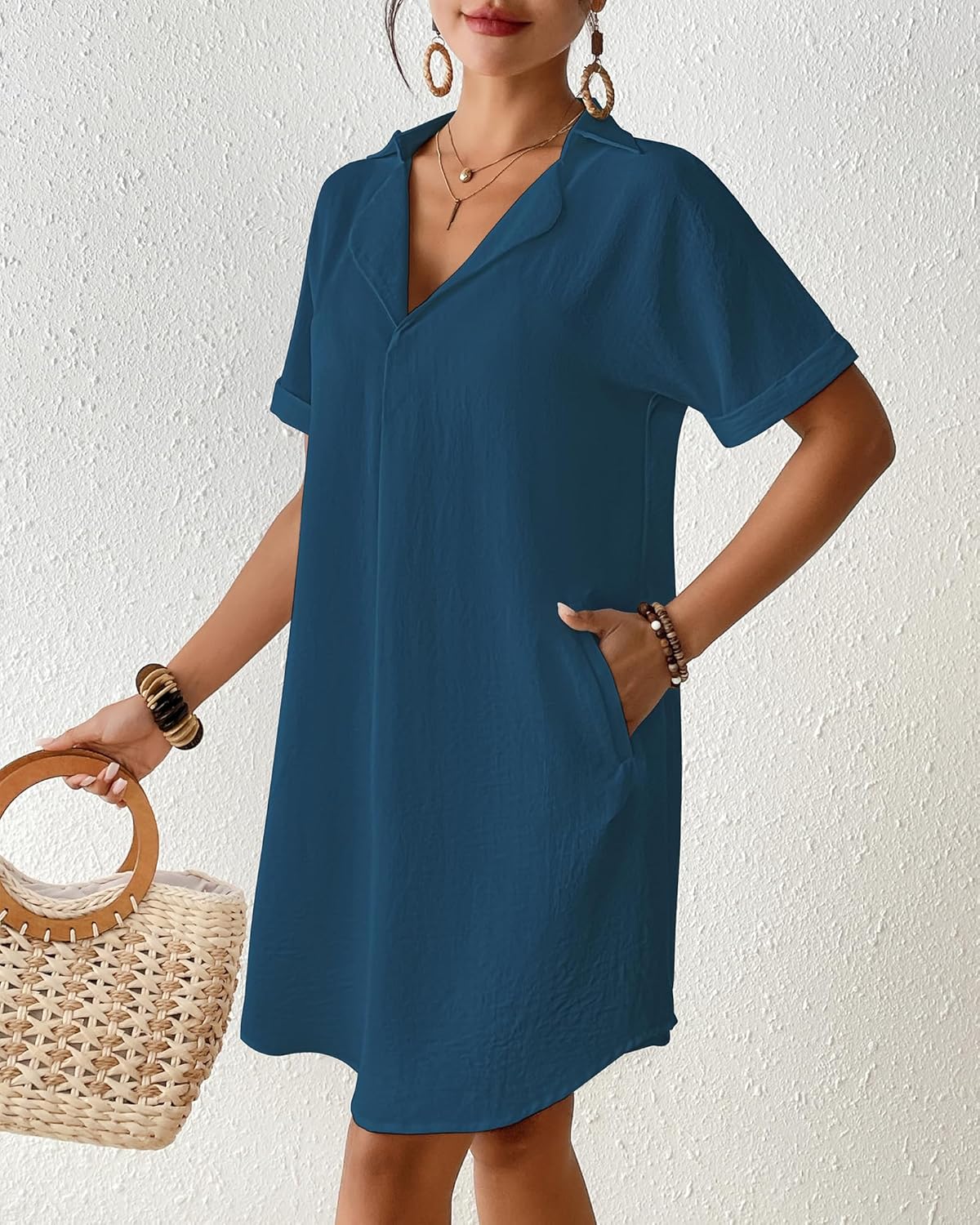 Bsubseach Shirt Swimsuit Coverup for Women Short Sleeve Bathing Suit Cover Up V Neck Beach Dress Summer Outfit Resort Wear - Image 5