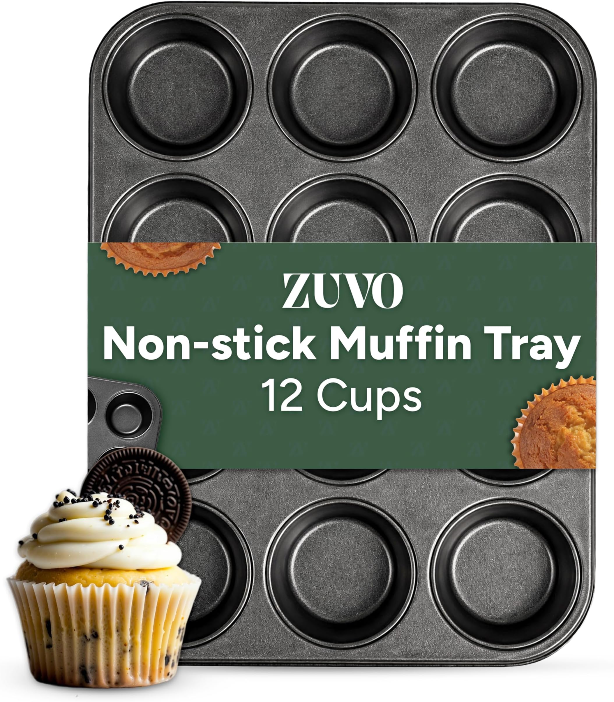 Zuvo Nonstick 12 Cup Muffin Tray - BPA Free & Dishwasher Safe Cupcake Pan Muffin Tray with Stain-Resistant, Baking Mould for Muffins or Cupcakes, Bakeware - (Black)