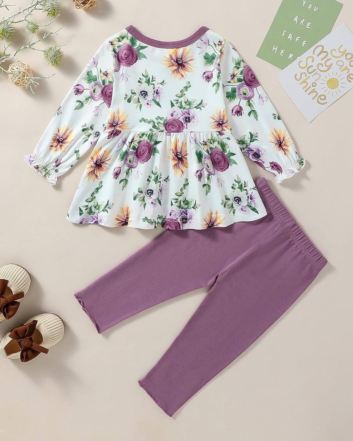 DISAUR Baby Girl Fall Outfits Toddler Girl Clothes Winter Cute Long Sleeves Floral Ruffle Top Cotton Pants Set Clothing