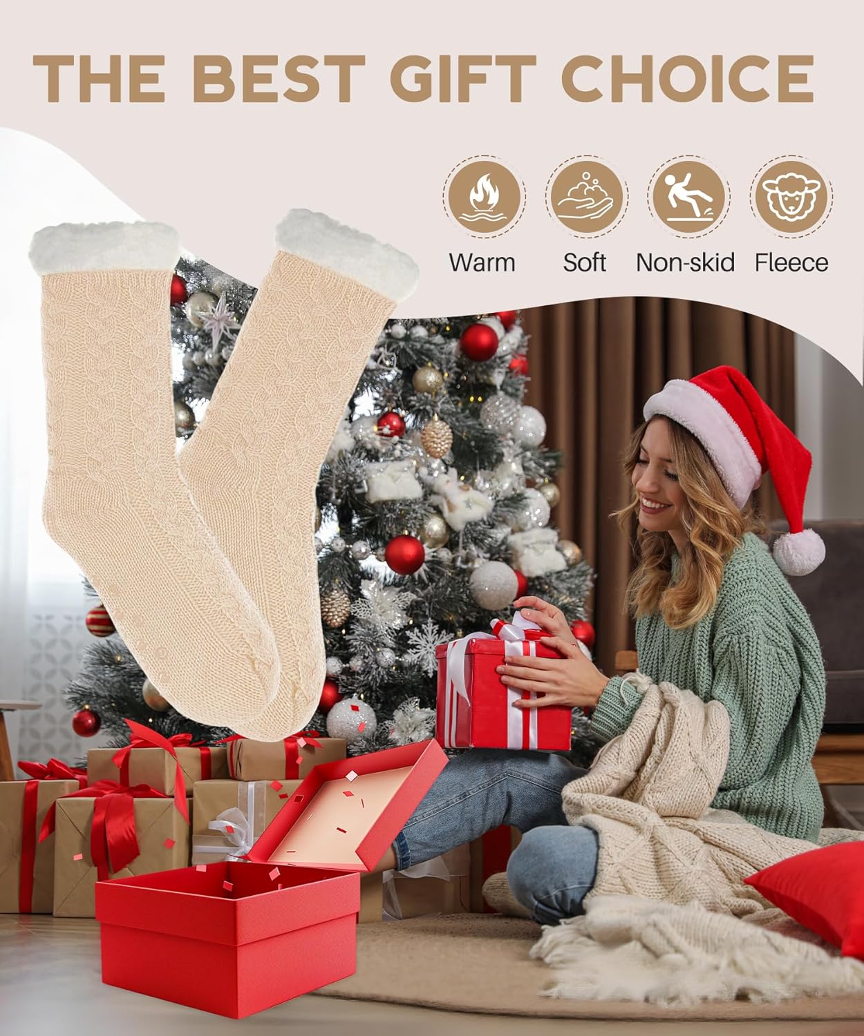 Slipper Socks for Women with Grippers Non Slip, Winter Thick Thermal Fuzzy Socks, Warm Cozy Fleece-Lined House Sock - Image 6