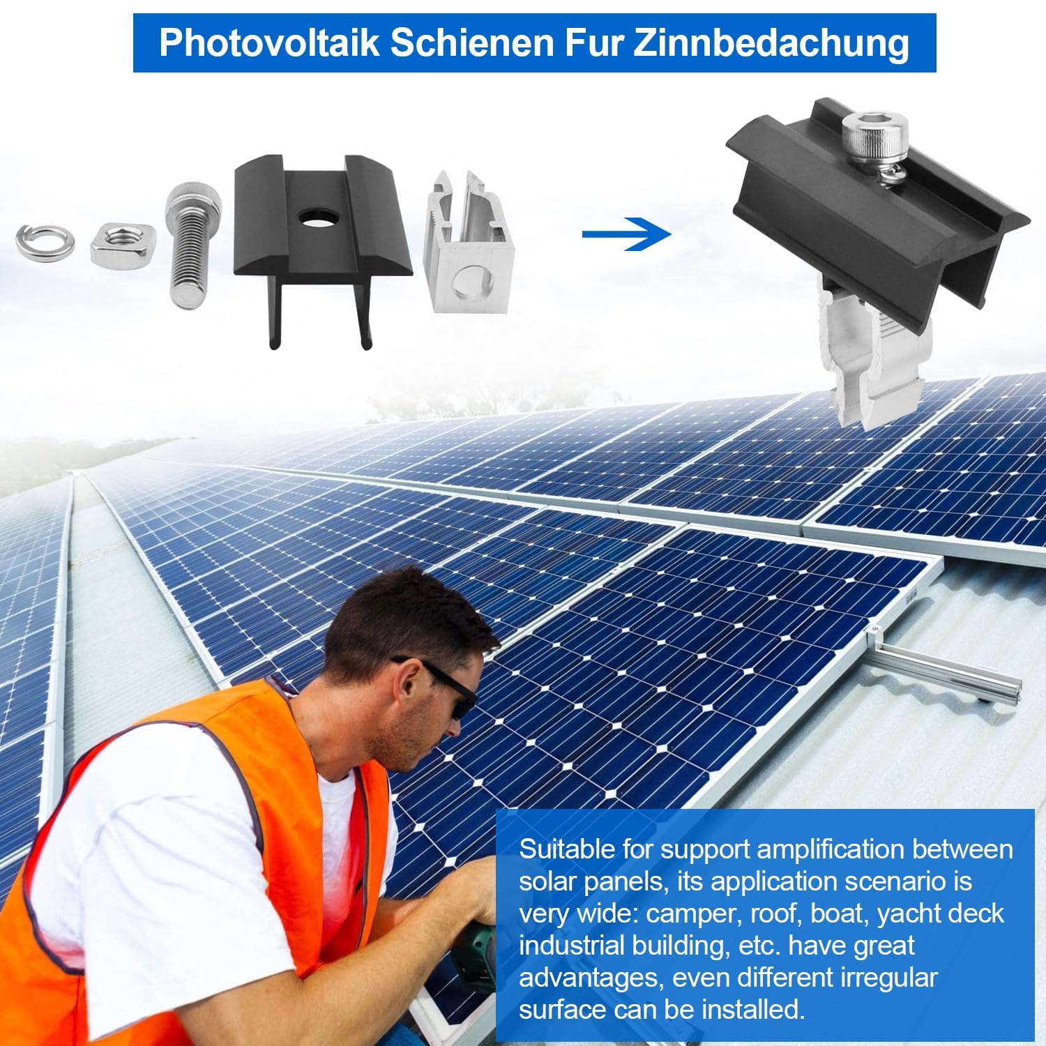 6 sztuk centralnego zacisku panelu słonecznego, aluminiowy zacisk środkowy do modułu solarnego, 25 x 50 mm wspornik montażowy do fotowoltaicznych paneli słonecznych, ze śrubami oznacza