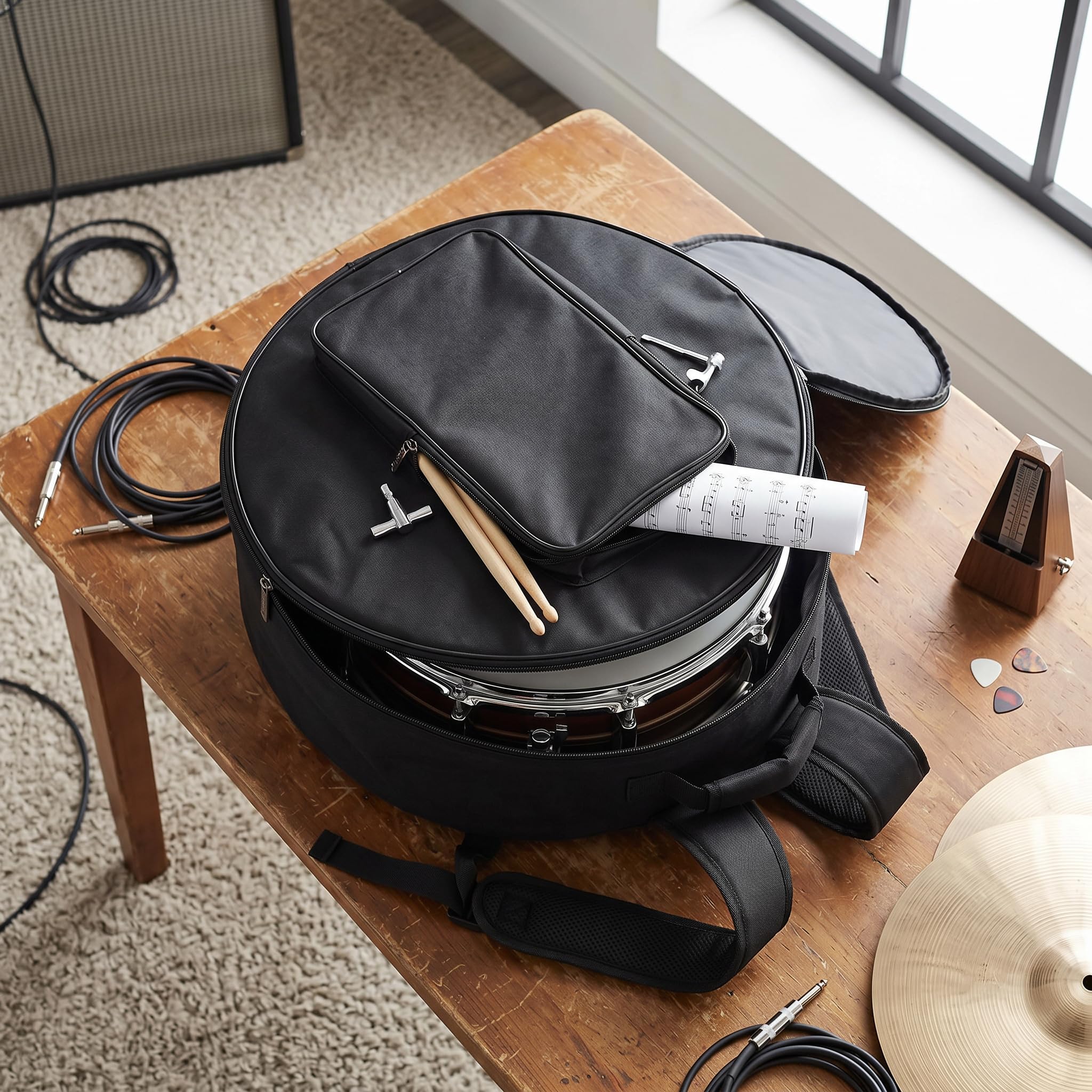 SEAFRONT Case de Mochila de Tambor Negro, Bolsa de Batería de 14 Pulgadas con Tela de Nylon Correa de Hombro, Bolsillos Exteriores para Palitos de Batería Libro de Música Protectora (Black)
