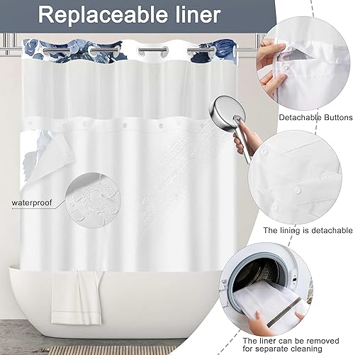 Miniatura 5 de Juego de cortina de ducha y forro sin gancho, cortinas de ducha florales azules para baño, modernos juegos de cortinas de baño de hotel con forro a