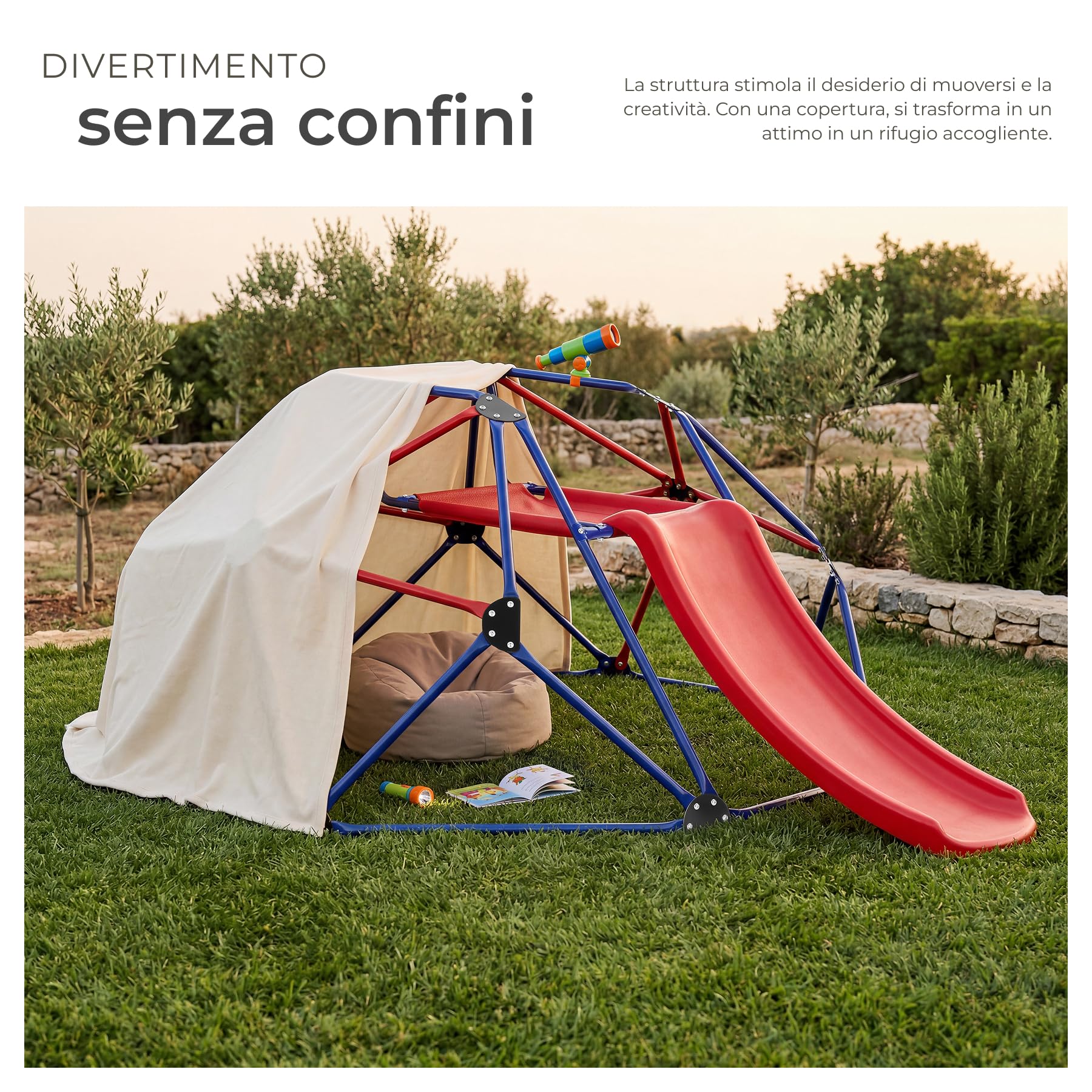 tectake® Cupola di Arrampicata Outdoor e Scivolo 185x243x90 cm, Giochi da Giardino in Acciaio con Scivolo Bambini, Giochi da Esterno e Interno per Arrampicata per Bambini, Portata 150 kg - Rosso e Blu