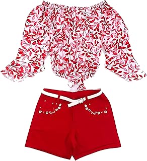 طقم فسكوز من توب قصير بكم طويل وشورت وحزام مزين بطبعة أوراق من سيكا، للبنات سن 4 سنوات، أحمر وأبيض