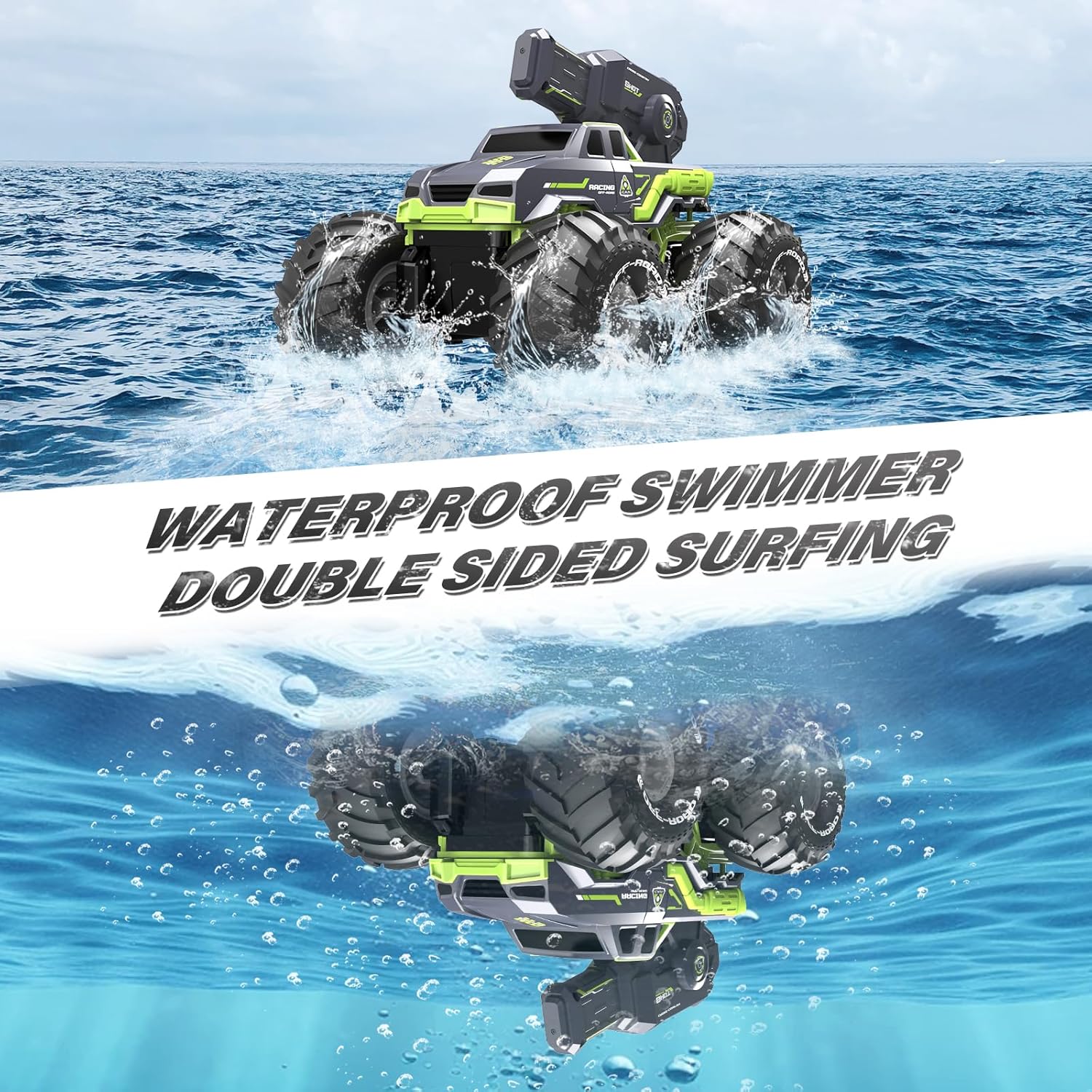 The pinkking Amphibious RC Car floating and moving in water, with text indicating 'Waterproof Swimmer Double Sided Surfing'.