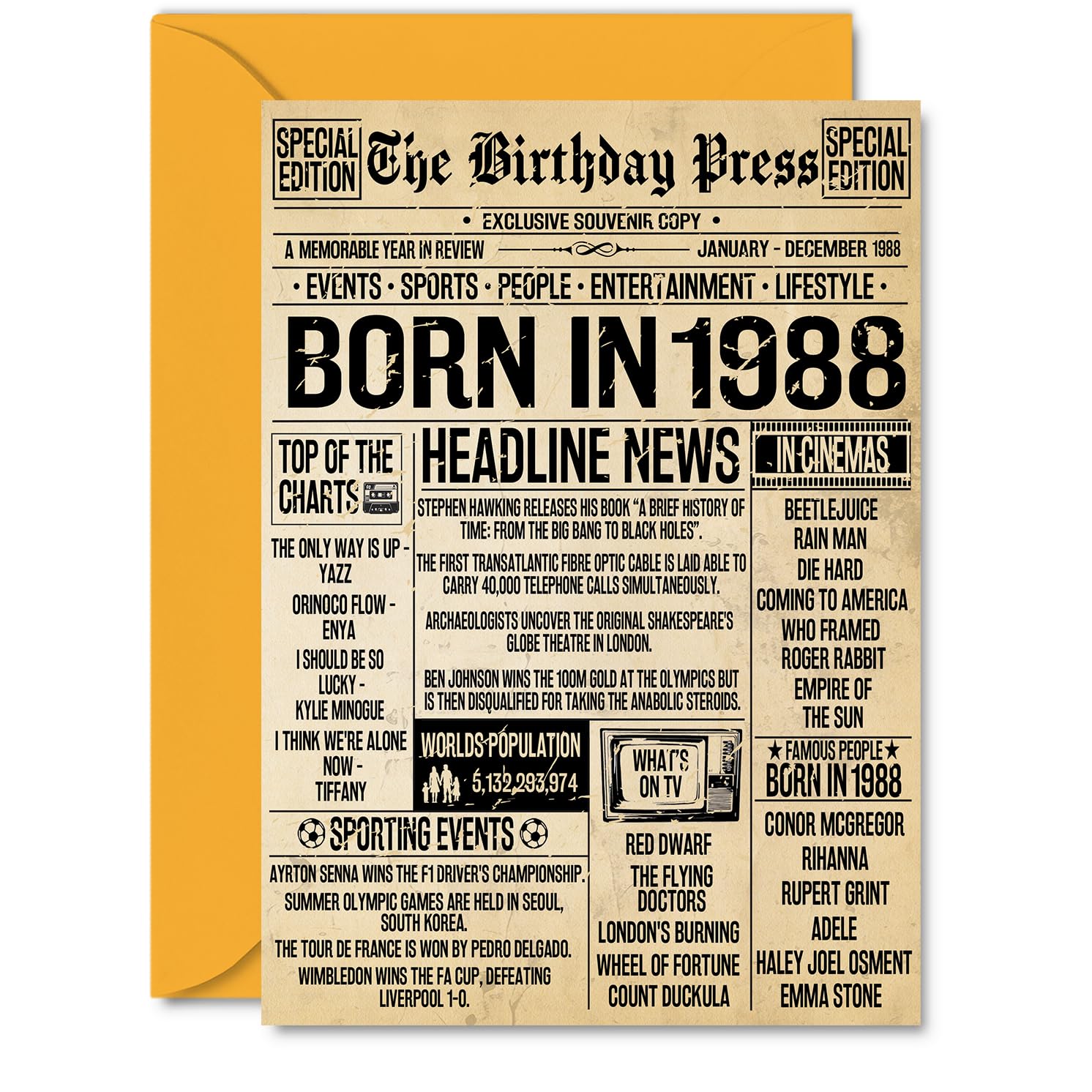 38th Birthday Card for Men Women - Bday Press Newspaper 1988 - Happy 38 Birthday Cards for Dad Friend Cousin Sister Neighbour Wife, A5 Bday Greeting Cards