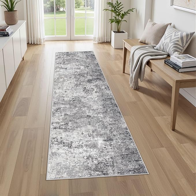 2X8 Washable Runner Rug for Hallway: Soft Neutral Modern Abstract Area Rug - Non-Slip Low Pile Long Throw Indoor Carpet for Kitchen Entryway Kitchen Bedroom Laundry - Grey