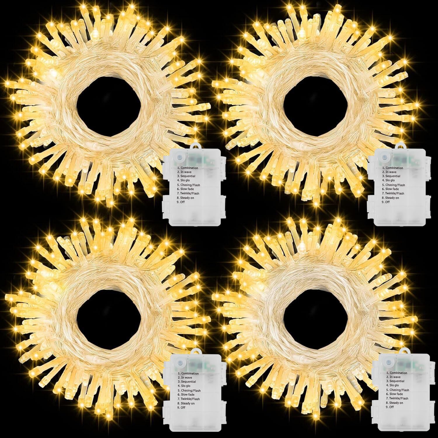 ZAIYW Guirnalda de luces con batería de Navidad, 4 unidades, 7 m, 70 ledes, con temporizador de batería, 8 modos, resistente al agua, cable transparente para Navidad, jardín, balcón, boda (blanco