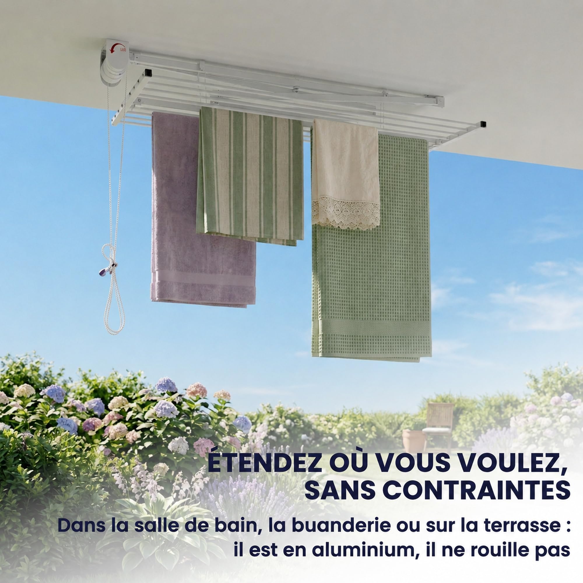 foxydry Mini Étendoir de Plafond, séchoir à Linge Vertical rétractable, Repliable et Extensible pour intérieure et extérieure, étendoir pour Balcon (Blanc, 128 cm)
