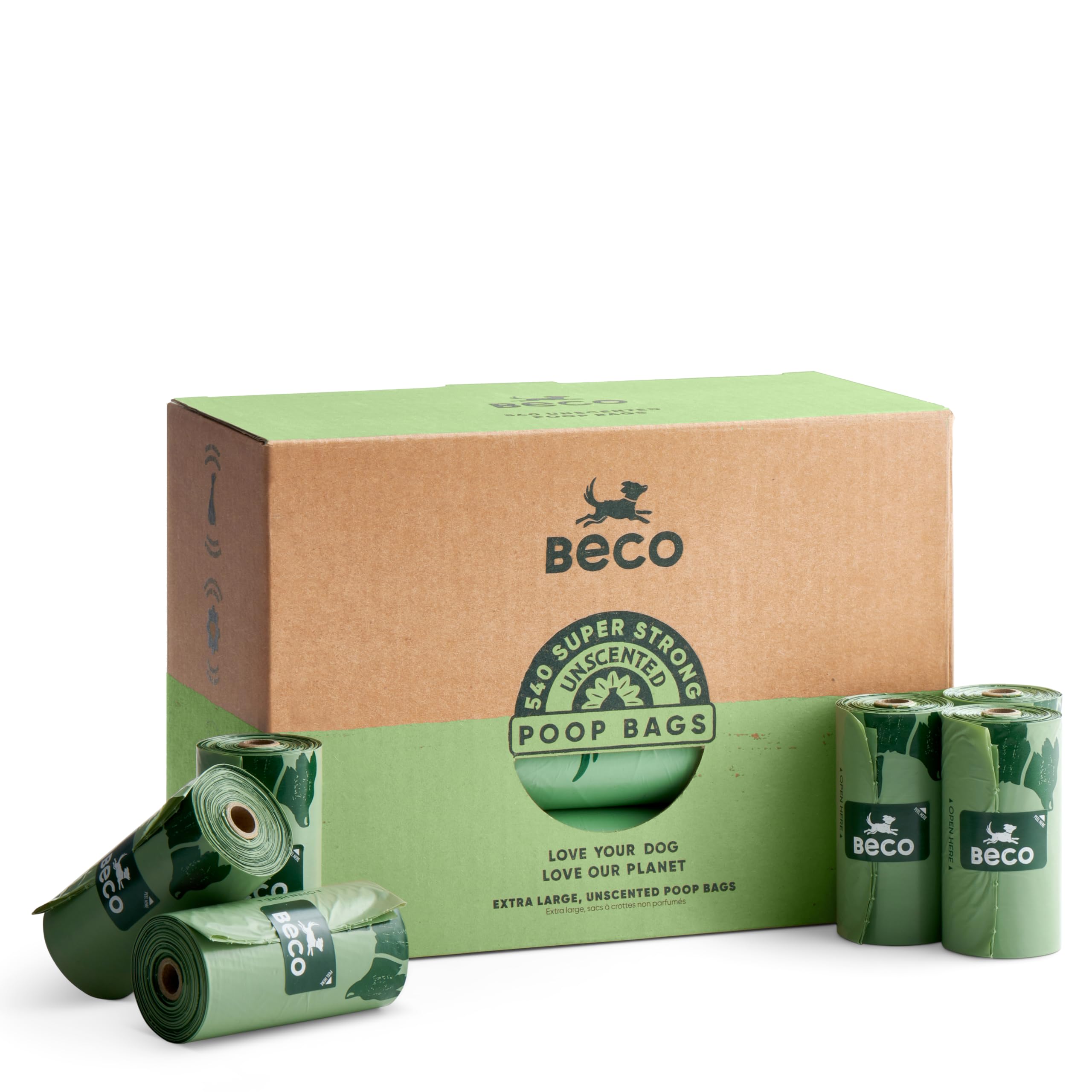 Beco Rotoli di sacchetti per escrementi di cani, forti e grandi, 540 sacchetti (36 rotoli da 15) senza profumo, dispenser compatibile per rifiuti di cani