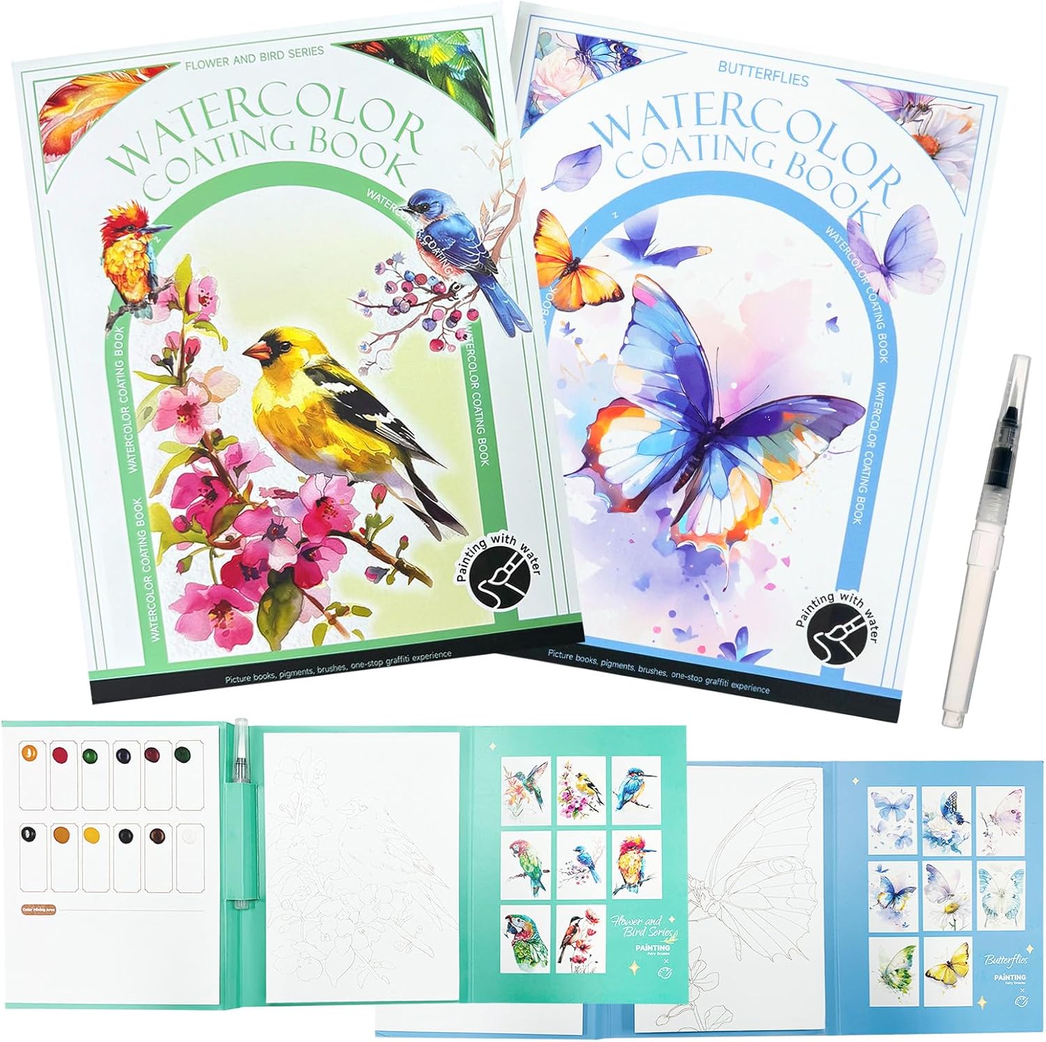 Mulyric 2-Pack Watercolor Painting Books for Adults & Beginners - All-in-One Creative Stress Relief Art Kit with 3-Fold Pad, 32 Pre-Printed Pages, 24 Colors & 2 Brushes for Relaxation & Art Therapy