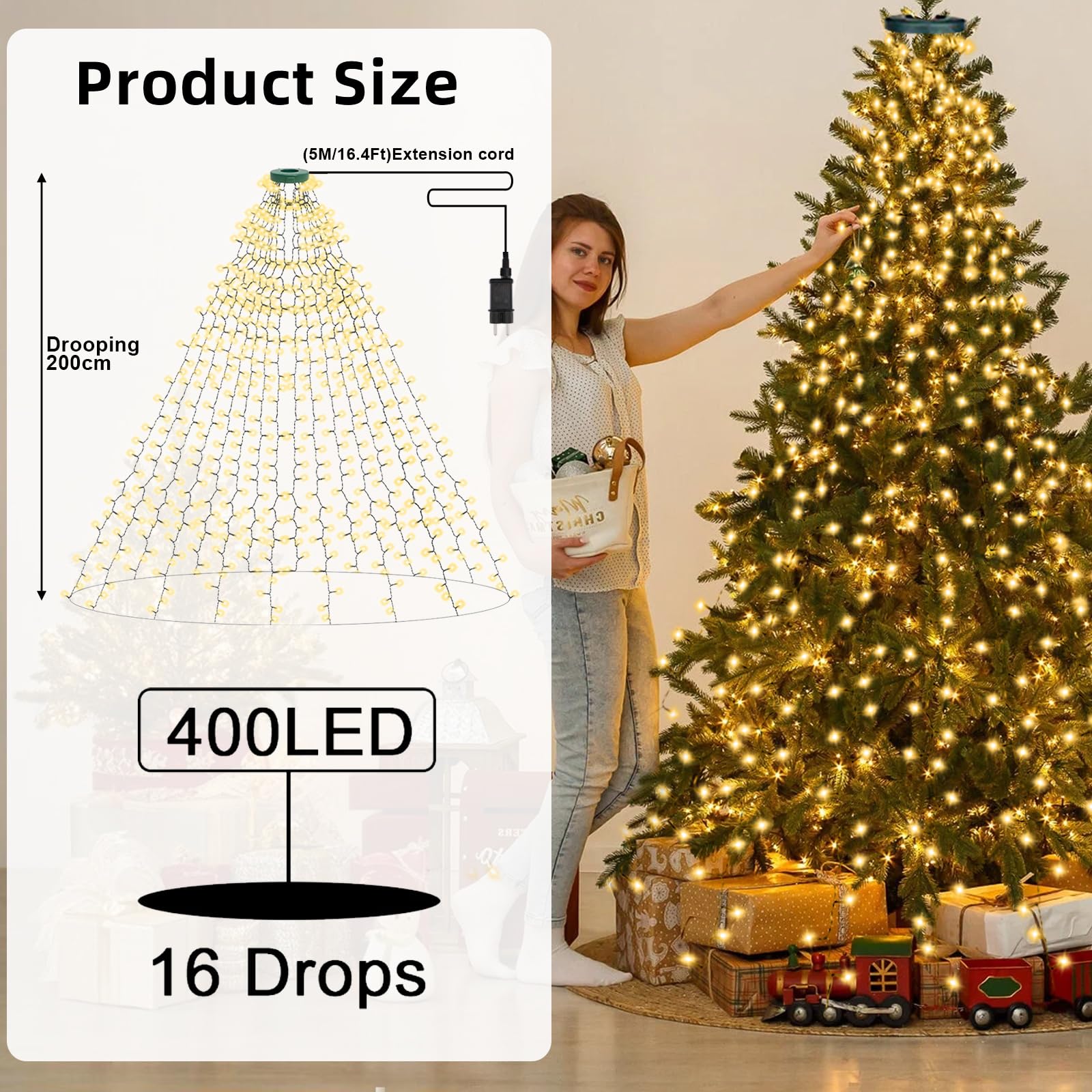 Guirlande Lumineuse Sapin De Noël 400 LED - 2m X 16 Branches - 8 Modes IP65 étanche - Minuterie Mémoire - Blanc Chaud - 6
