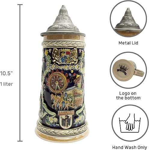Miniatura 3 de Essence of Europe Gifts E.H.G OktoberfestHaus - Taza grande de cerveza con tapa de metal, pintada a mano, grabada a mano, con tapa de metal, 1 litro