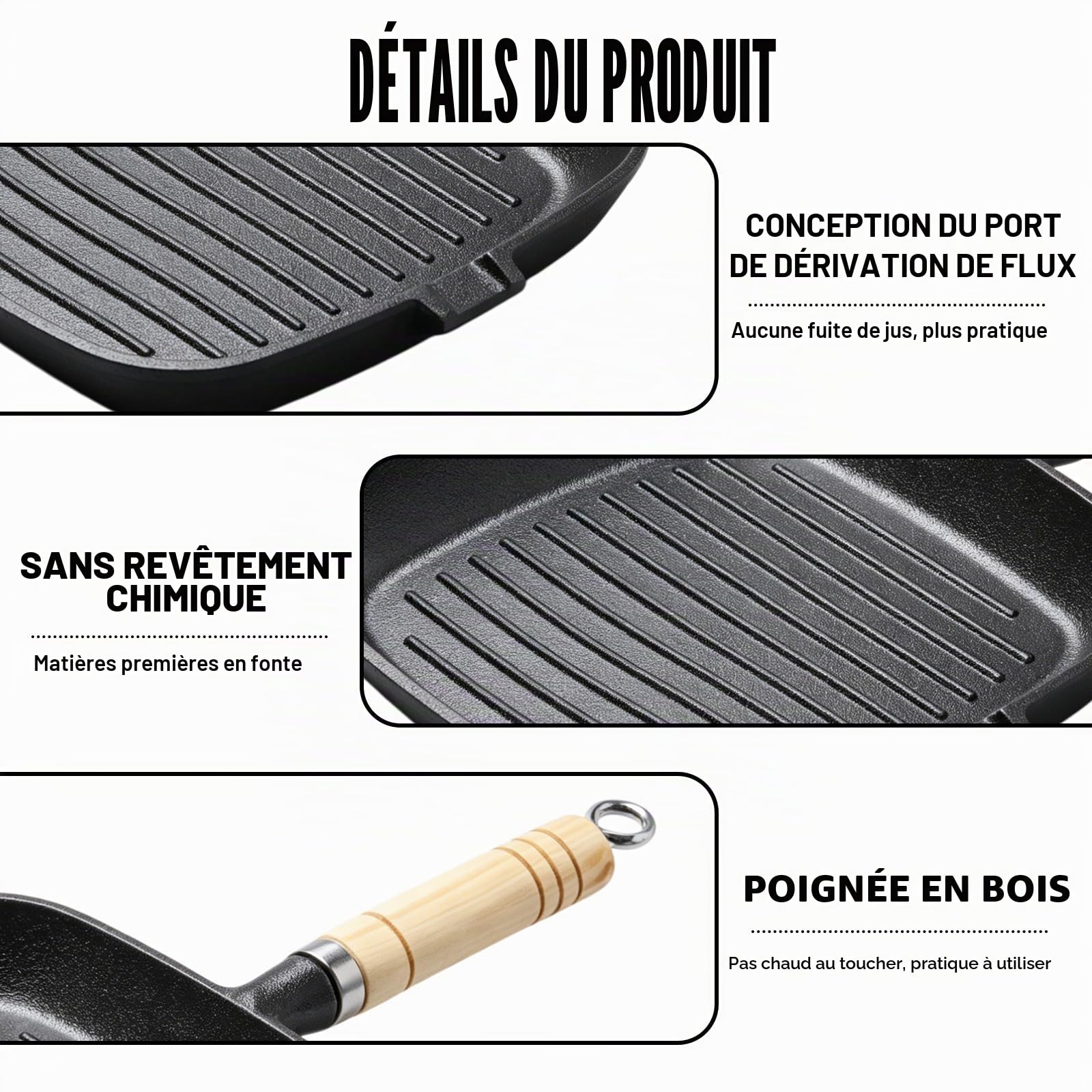 Poêle Grill 22x22 cm En Fonte, Poele a Griller avec Bec Verseur et Manche Effet Bois Compatible Induction et Feux, Poêle Fonte Idéale pour Steak Légumes Cuisson Maison Durable