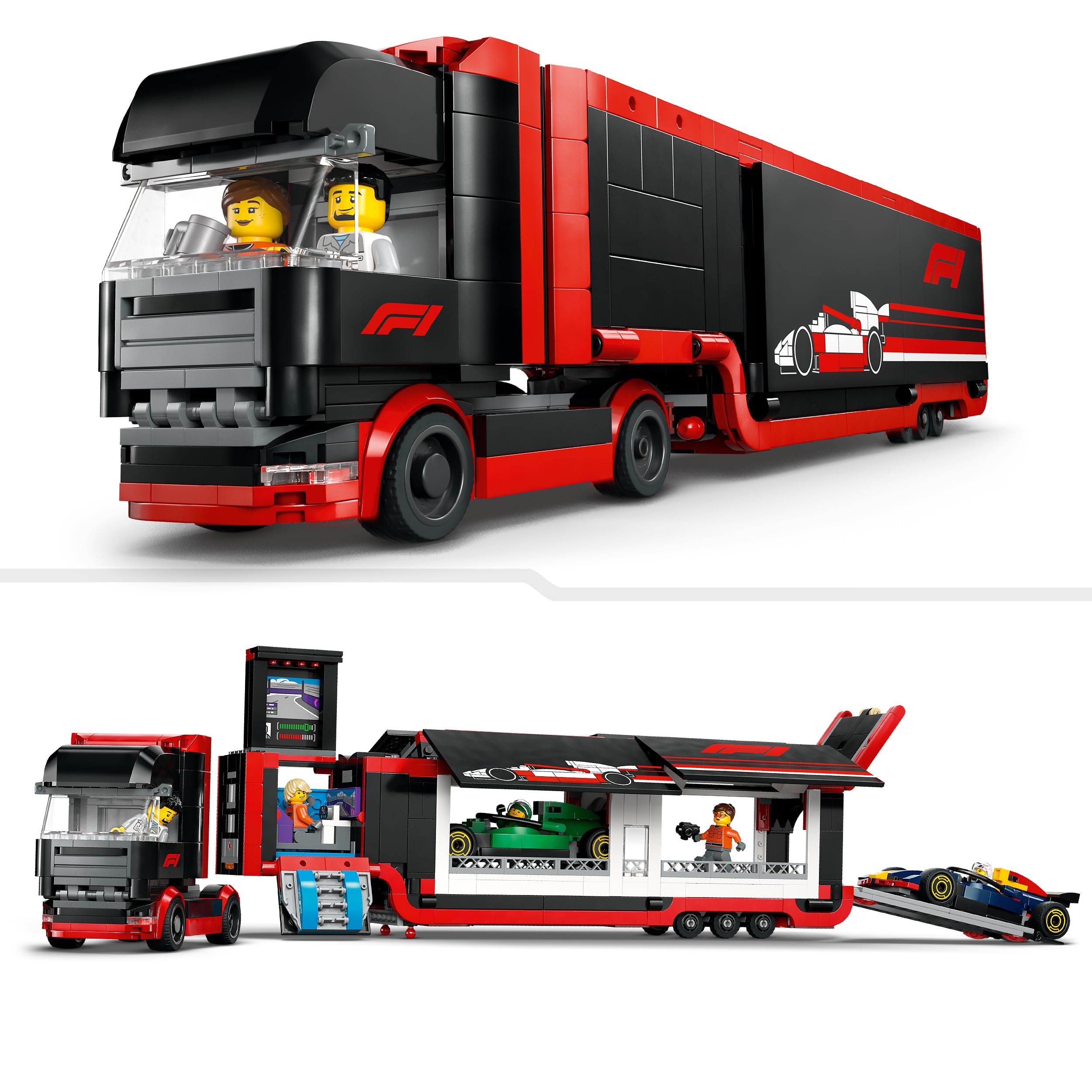 LEGO City F1 Ciężarówka z bolidami RB20 i AMR24 F1 60445 | Zabawkowa ciężarówka, zestaw klocków dla dzieci 8+, prezent dla fana F1, dla chłopca i dziewczynki, 1086 elementów