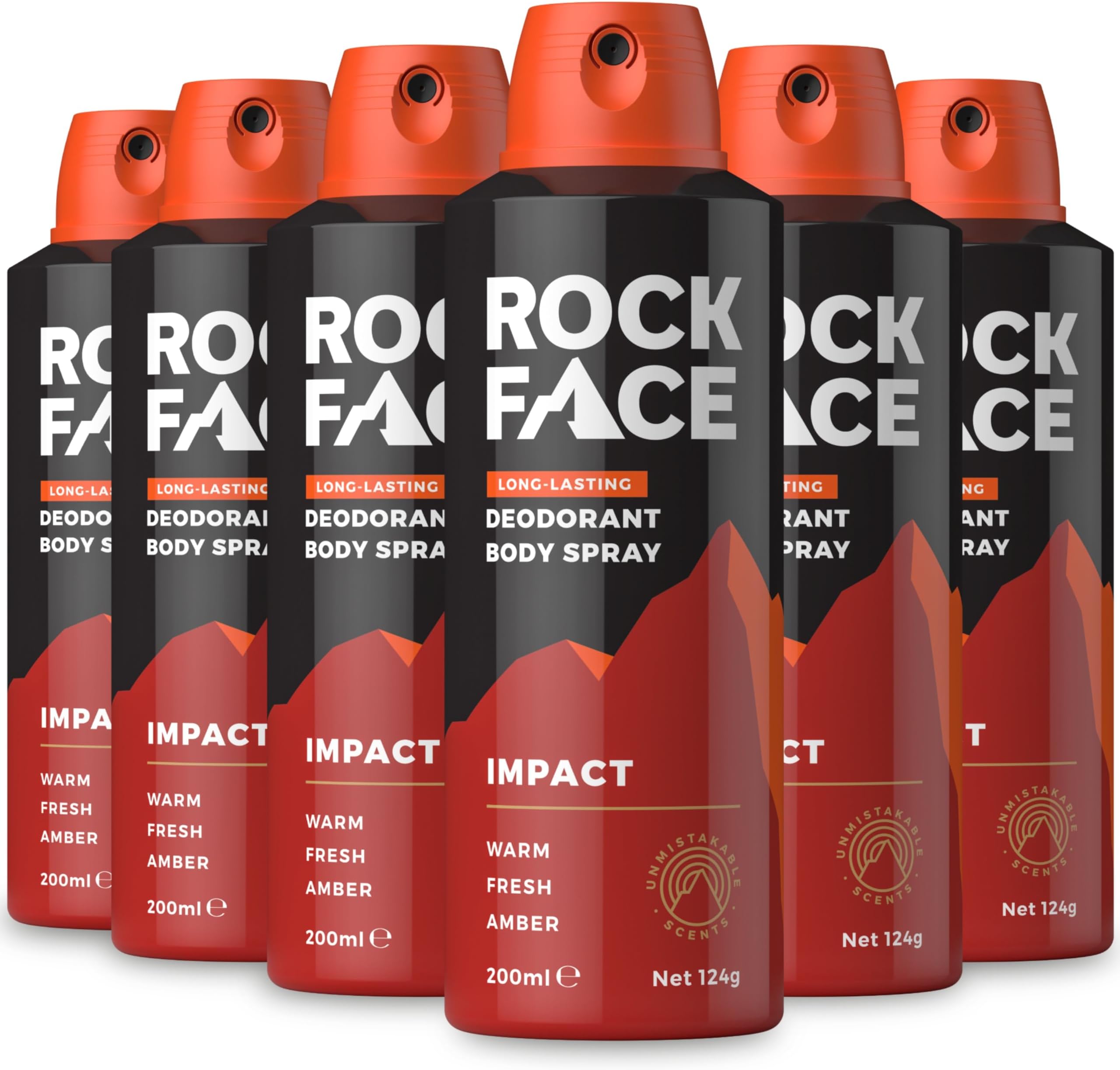Rock Face Men's Body Spray - Impact Fragrance Body Spray Deodorant for Men, 200ml, Ginger & Amber Scent, Long Lasting, Multipack of 6