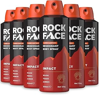 Rock Face Men's Body Spray - Impact Fragrance Body Spray Deodorant for Men, 200ml, Ginger & Amber Scent, Long Lasting, Multipack of 6