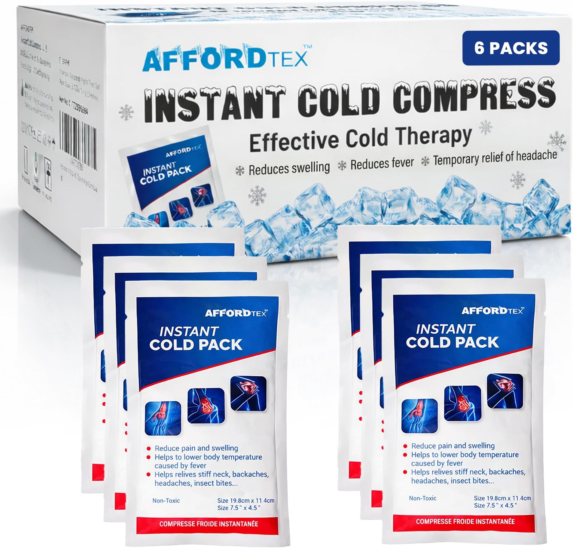 Instant Cold Pack, Disposable, Large, 7.5 x 4.5 Inches, Ice Packs for Pain Relief (6 per Pk)