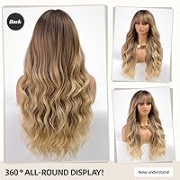 Vista 99 de HAIRCUBE Peluca de color marrón a rubio con flequillo para mujer, peluca de cabello largo ondulado marrón y rubio, pelucas sintéticas rizadas