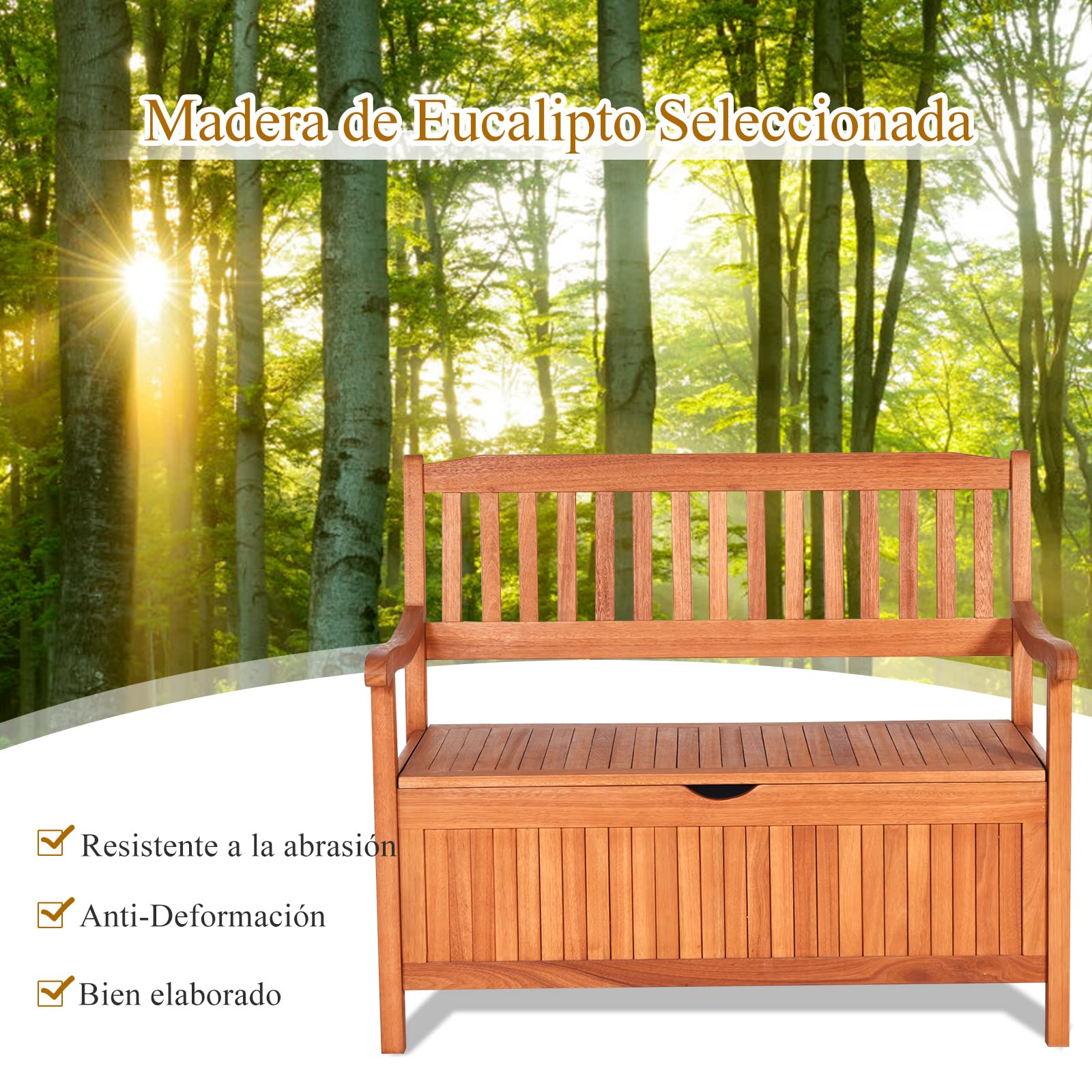 GOPLUS Banco de Jardín con Almacenamiento y Respaldo Ergonómico | Banco Exterior para 2 Plazas, Asiento Cómodo, Banco de Intemperie para Terrazas, Balcones y Patios, 107 x 59 x 90cm
