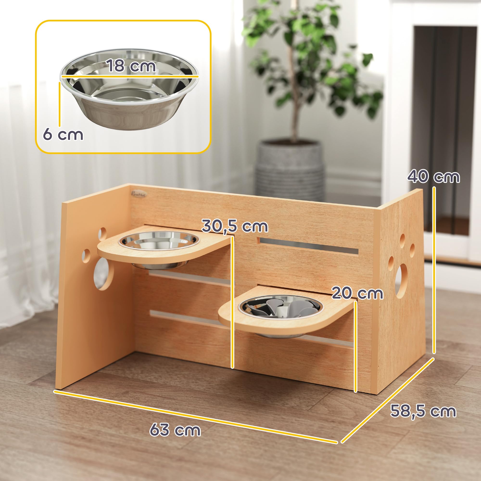 PawHut Ciotola per Cani rialzata di 3 Altezze Regolabili, Ciotola per Cani con 2 Ciotole in Acciaio Inox, Tappetino per Alimentazione Lento, Design Separato, per Cani Piccoli, Medi e Grandi, Rovere