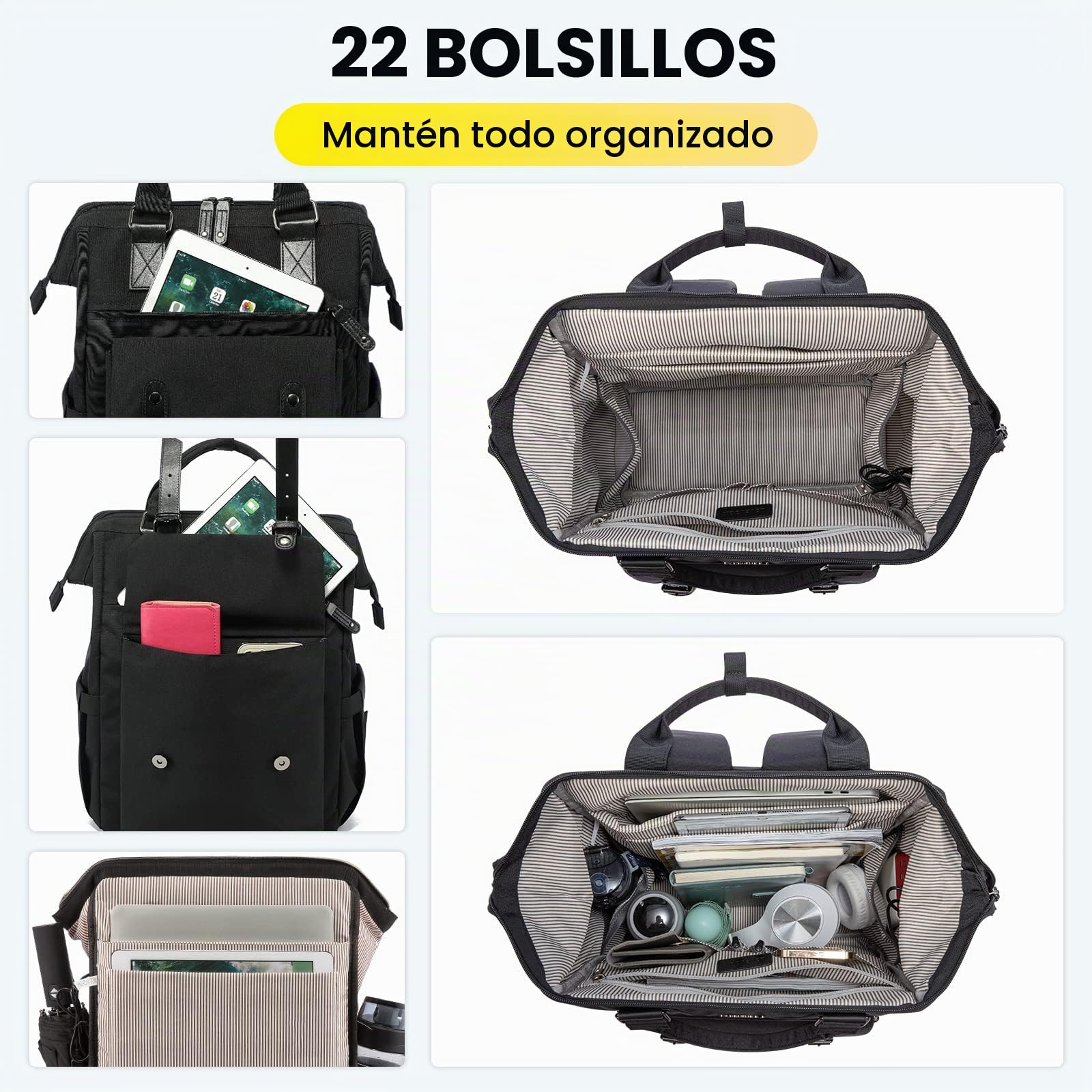 LOVEVOOK Mochila grande para mujer de 18 pulgadas con bolsa de cable | de datos y puerto de carga USB, impermeable, para oficina, negocios, viajes, color negro
