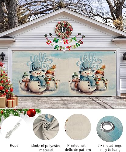 Miniatura 8 de Pancarta de Navidad para puerta de garaje, 7 x 8 pies, textura azul de muñeco de nieve de Navidad, decoración de puerta de garaje, decoración de