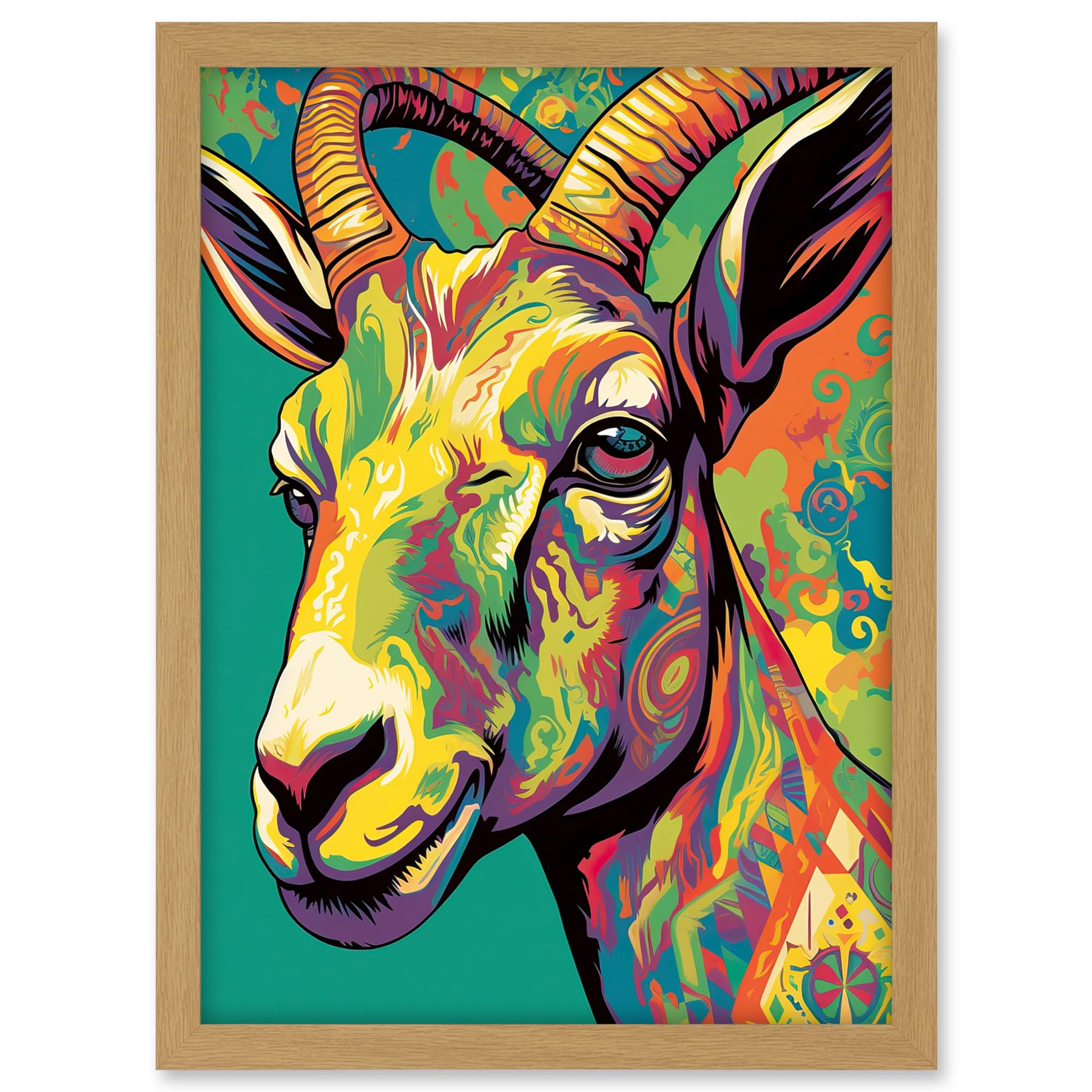 Artery8 The Trippy Goat Psychedelic Portrait Vibrant Colourful Patterns Modern Pop Art Artwork Framed A3 Wall Art Print