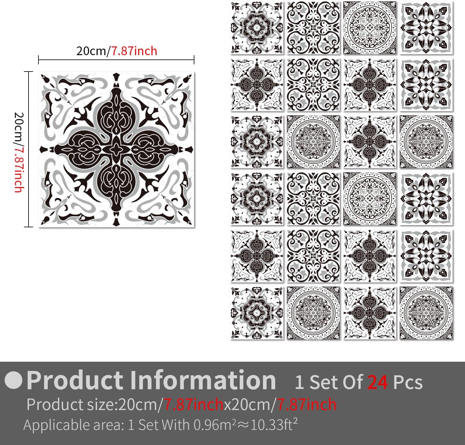 24PCS Tile Stickers Wall Decor Bathroom Kitchen Waterproof PVC Backsplash Decoration Decals - 2D Sticker with Retro Design in Mandala Style (Black Mandala, 7.87IN(20CM))